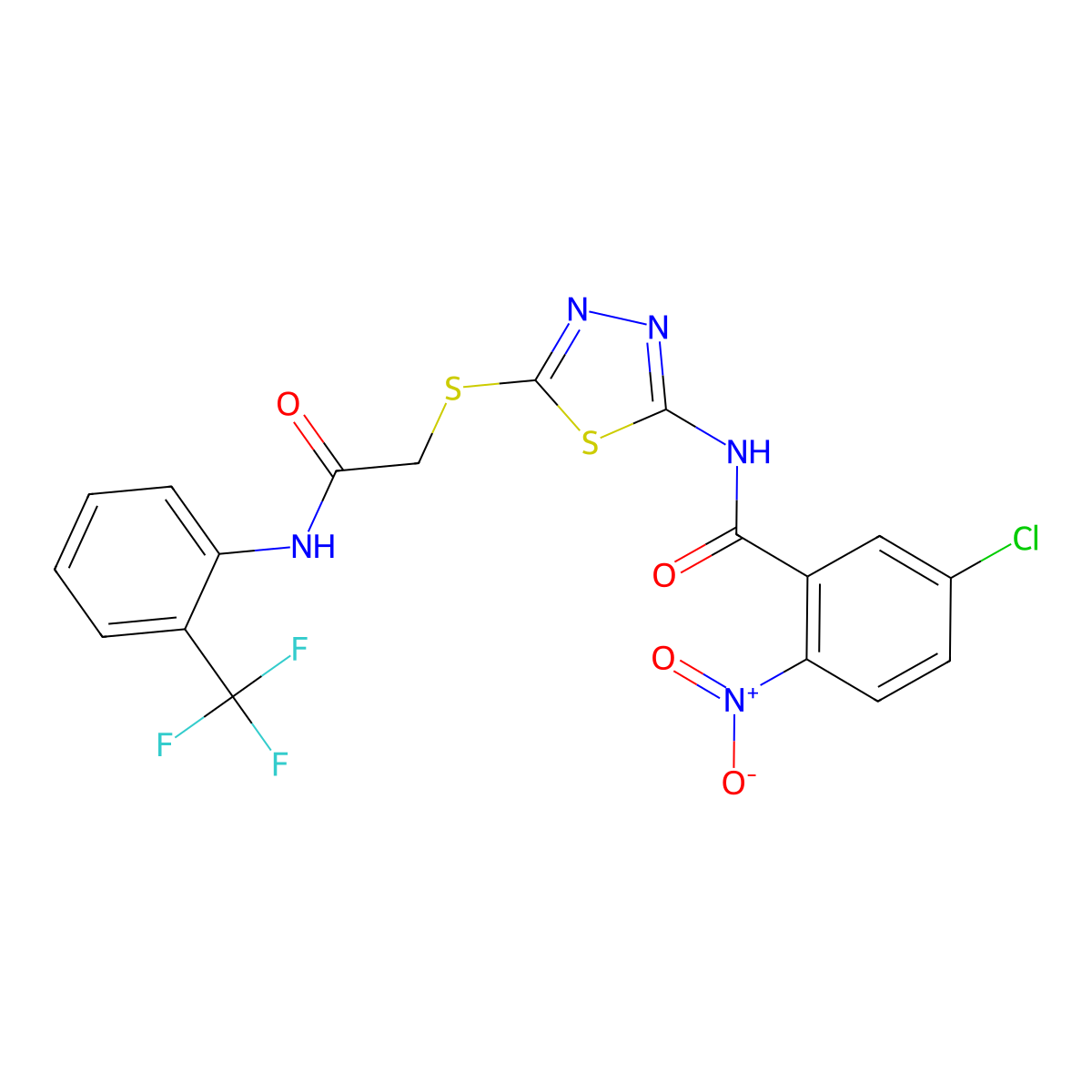 5-chloro-2-nitro-N-[5-[2-oxo-2-[2-(trifluoromethyl)anilino]ethyl]sulfanyl-1,3,4-thiadiazol-2-yl]benzamide molecular structure, CAS 389072-94-0