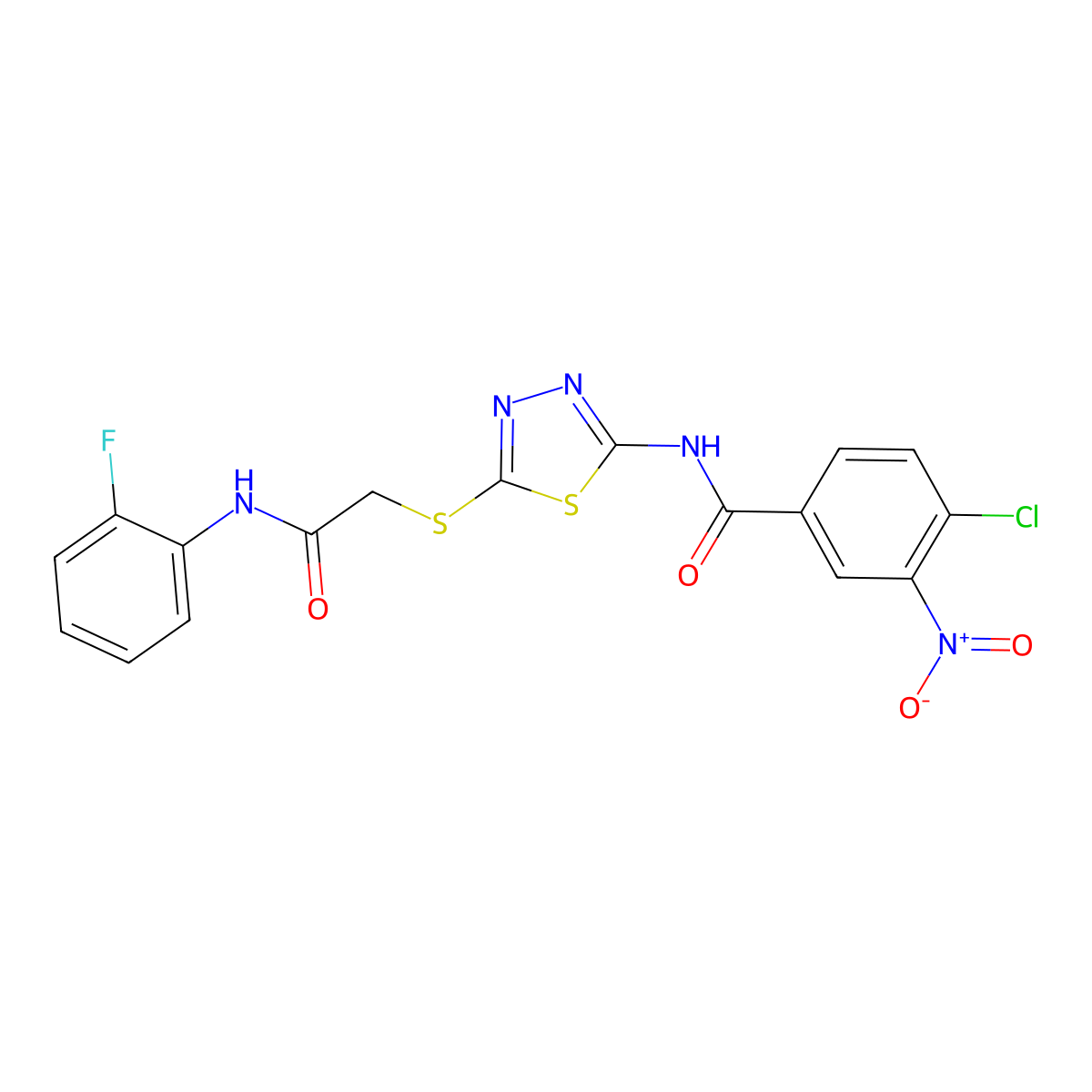 4-chloro-N-[5-[2-(2-fluoroanilino)-2-oxoethyl]sulfanyl-1,3,4-thiadiazol-2-yl]-3-nitrobenzamide molecular structure, CAS 389072-95-1