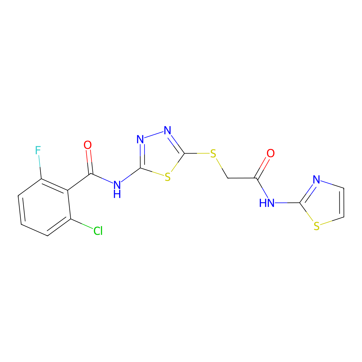2-chloro-6-fluoro-N-(5-((2-oxo-2-(thiazol-2-ylamino)ethyl)thio)-1,3,4-thiadiazol-2-yl)benzamide molecular structure, CAS 389072-97-3