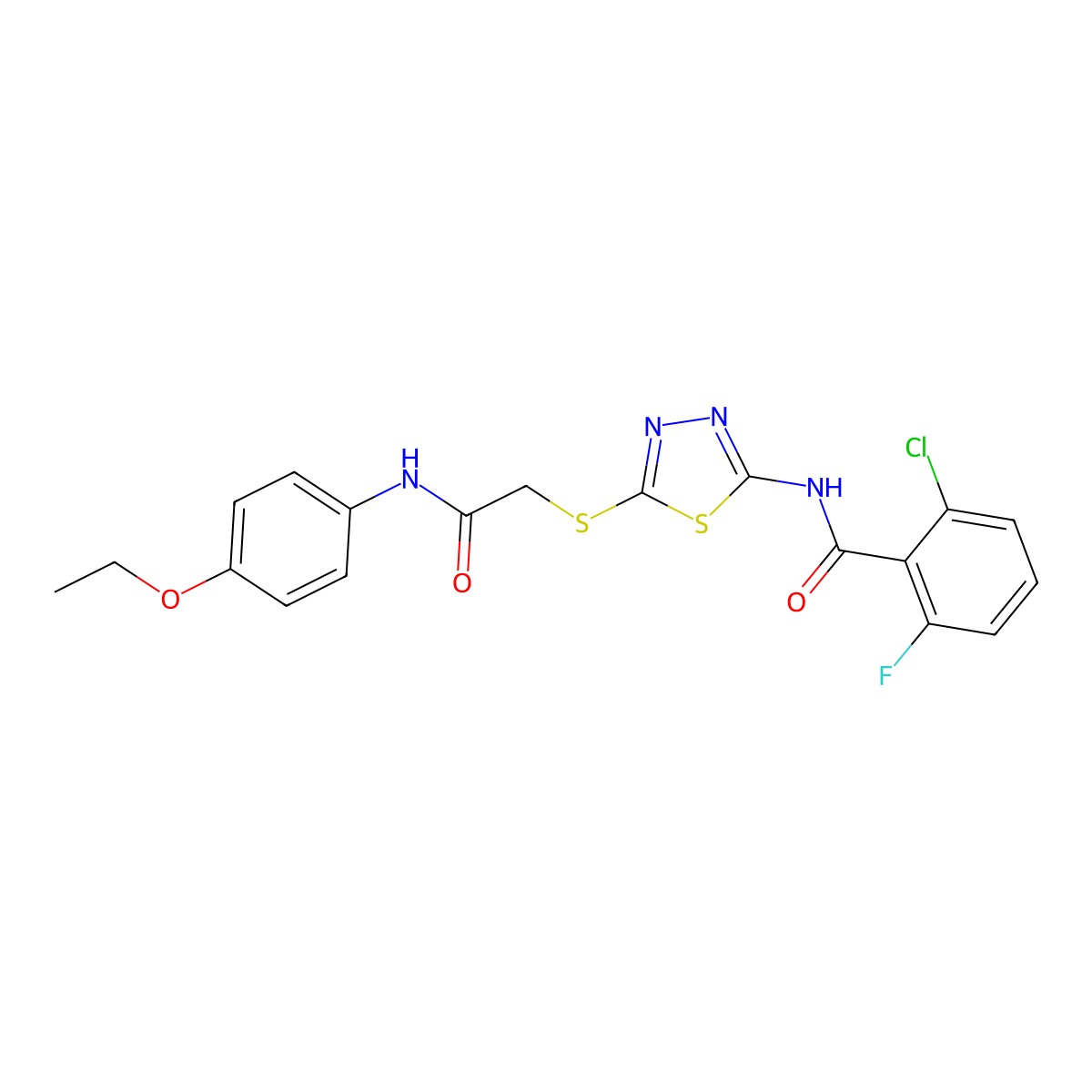 2-chloro-N-(5-((2-((4-ethoxyphenyl)amino)-2-oxoethyl)thio)-1,3,4-thiadiazol-2-yl)-6-fluorobenzamide molecular structure, CAS 389072-98-4