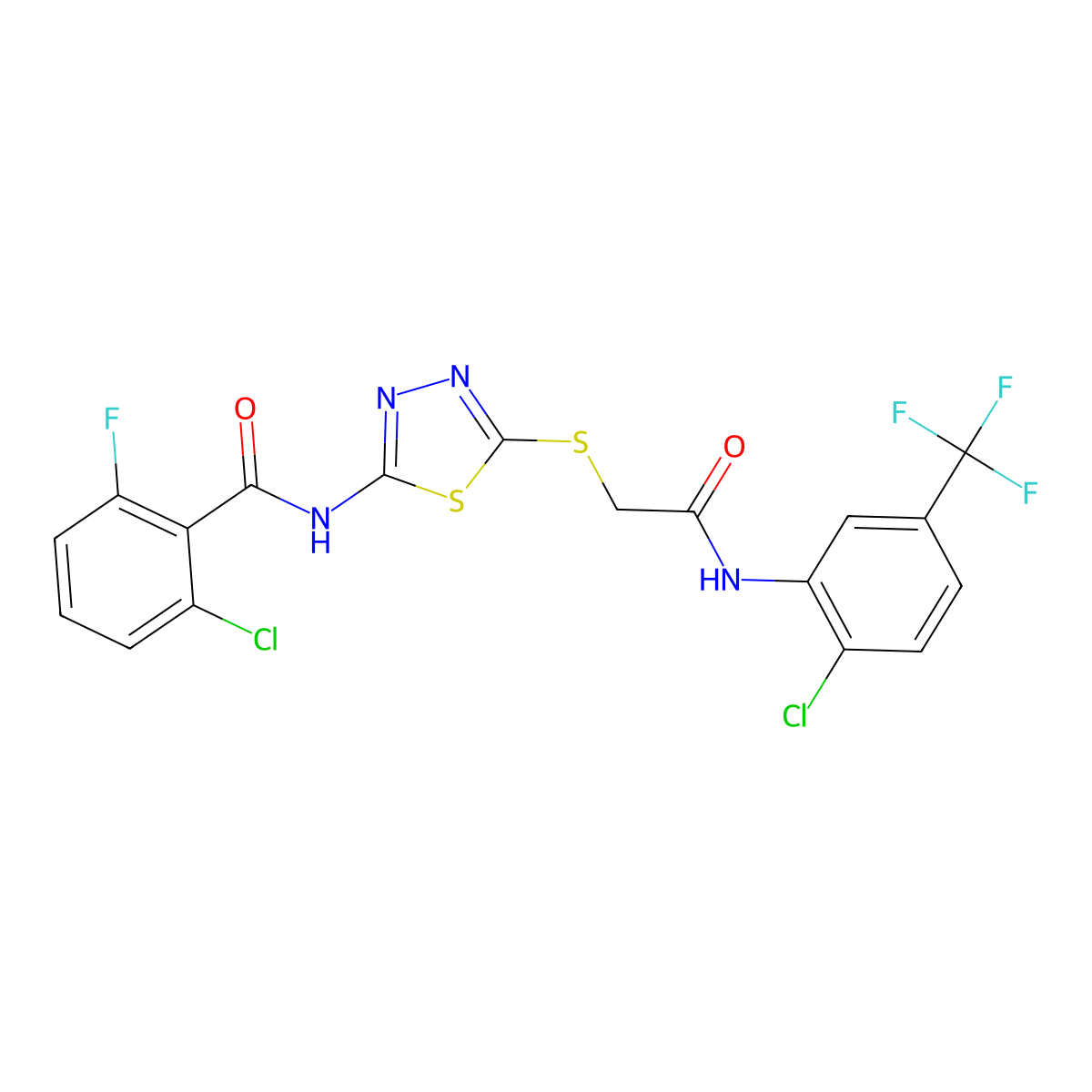 2-chloro-N-(5-((2-((2-chloro-5-(trifluoromethyl)phenyl)amino)-2-oxoethyl)thio)-1,3,4-thiadiazol-2-yl)-6-fluorobenzamide molecular structure, CAS 389072-99-5