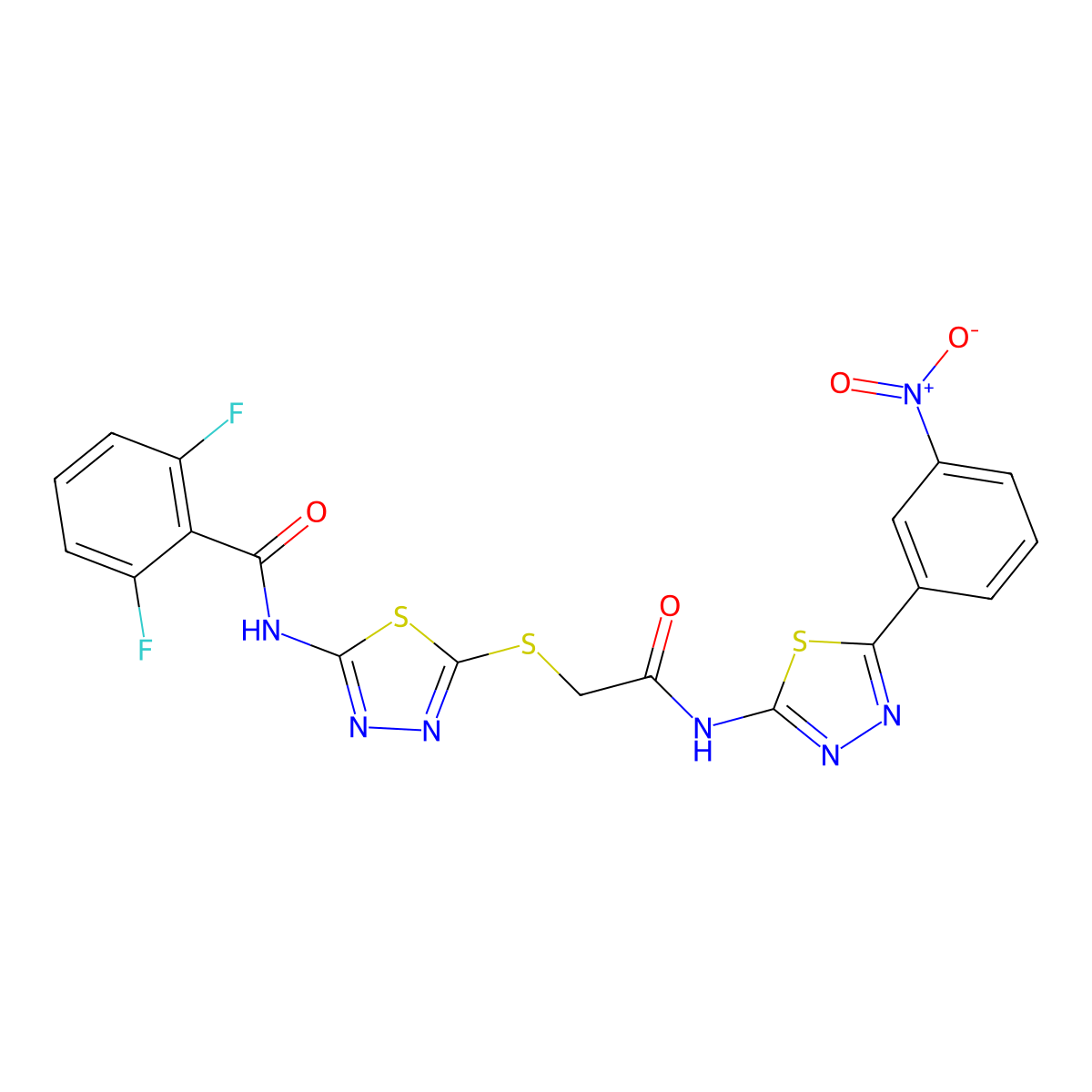 2,6-difluoro-N-(5-((2-((5-(3-nitrophenyl)-1,3,4-thiadiazol-2-yl)amino)-2-oxoethyl)thio)-1,3,4-thiadiazol-2-yl)benzamide molecular structure, CAS 389073-01-2