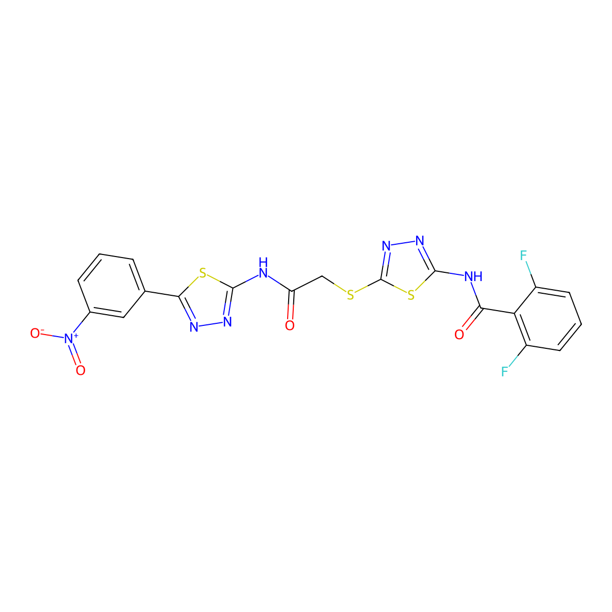2,6-difluoro-N-(5-((2-((5-(3-nitrophenyl)-1,3,4-thiadiazol-2-yl)amino)-2-oxoethyl)thio)-1,3,4-thiadiazol-2-yl)benzamide molecular structure, CAS 389073-01-2