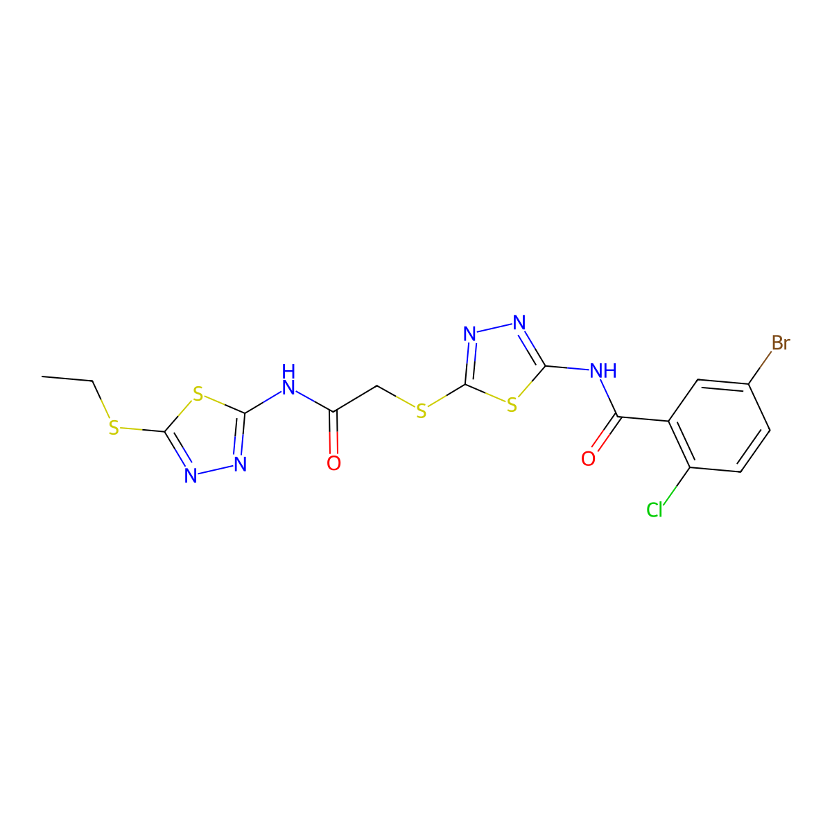 5-bromo-2-chloro-N-(5-((2-((5-(ethylthio)-1,3,4-thiadiazol-2-yl)amino)-2-oxoethyl)thio)-1,3,4-thiadiazol-2-yl)benzamide molecular structure, CAS 389073-04-5
