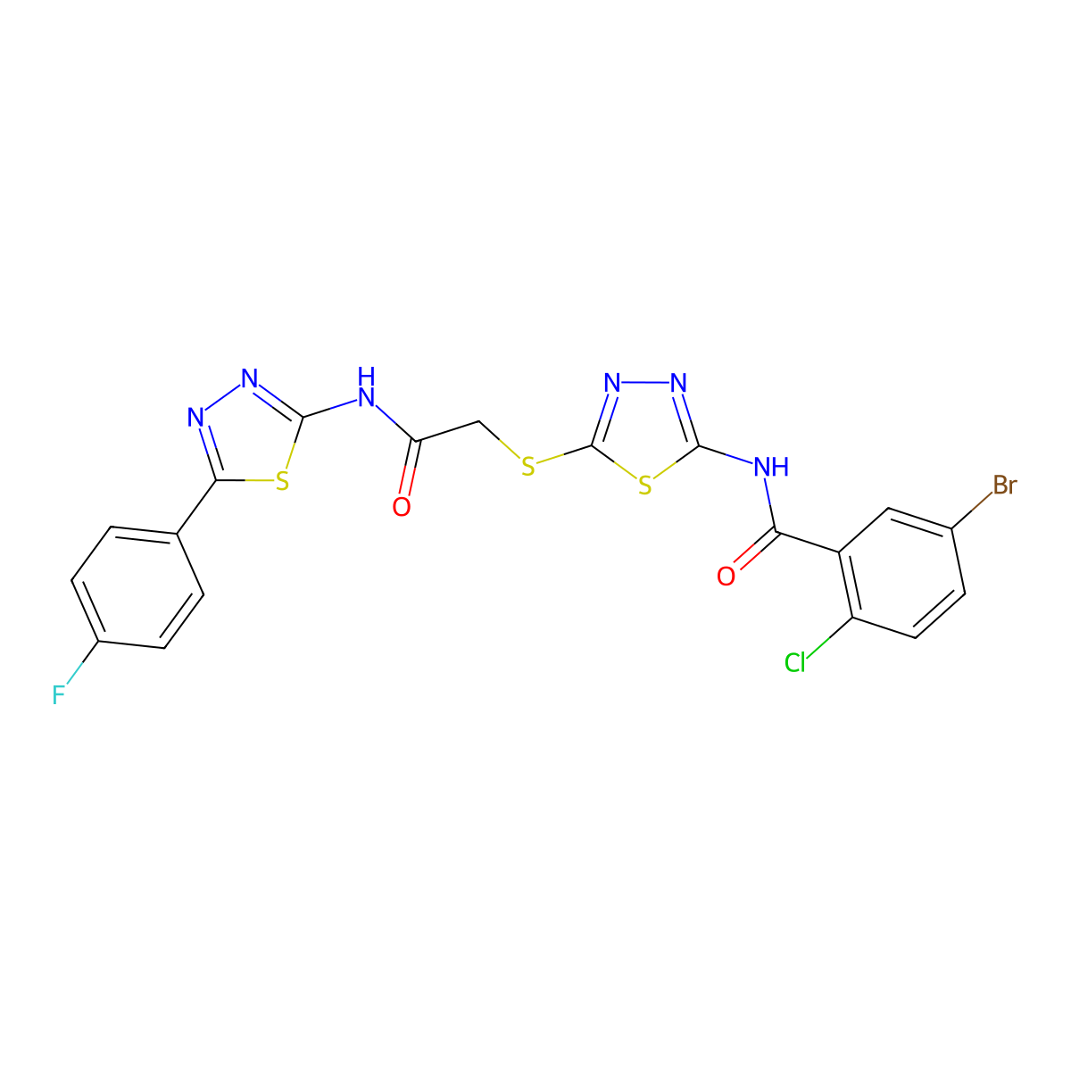 5-bromo-2-chloro-N-(5-((2-((5-(4-fluorophenyl)-1,3,4-thiadiazol-2-yl)amino)-2-oxoethyl)thio)-1,3,4-thiadiazol-2-yl)benzamide molecular structure, CAS 389073-06-7