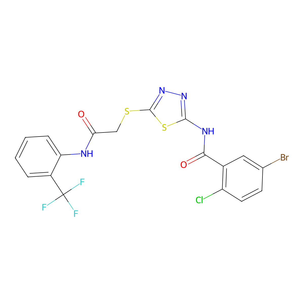 5-bromo-2-chloro-N-[5-[2-oxo-2-[2-(trifluoromethyl)anilino]ethyl]sulfanyl-1,3,4-thiadiazol-2-yl]benzamide molecular structure, CAS 389073-07-8