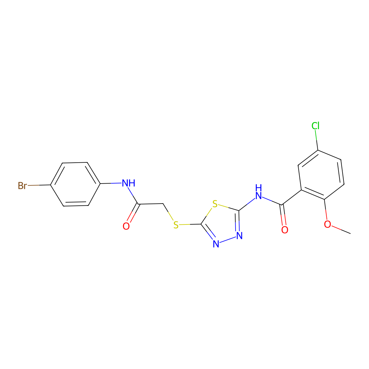 N-[5-[2-(4-bromoanilino)-2-oxoethyl]sulfanyl-1,3,4-thiadiazol-2-yl]-5-chloro-2-methoxybenzamide molecular structure, CAS 389073-10-3