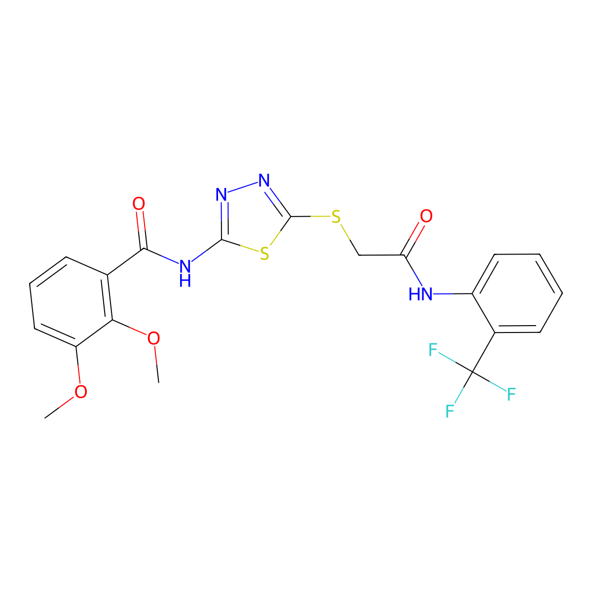 2,3-dimethoxy-N-[5-[2-oxo-2-[2-(trifluoromethyl)anilino]ethyl]sulfanyl-1,3,4-thiadiazol-2-yl]benzamide molecular structure, CAS 389073-12-5
