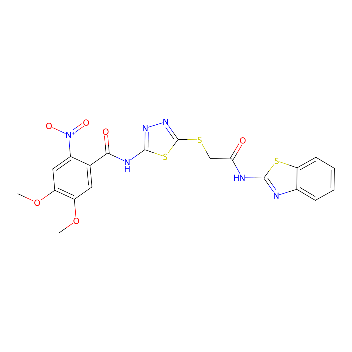 N-(5-((2-(benzo[d]thiazol-2-ylamino)-2-oxoethyl)thio)-1,3,4-thiadiazol-2-yl)-4,5-dimethoxy-2-nitrobenzamide molecular structure, CAS 389073-14-7