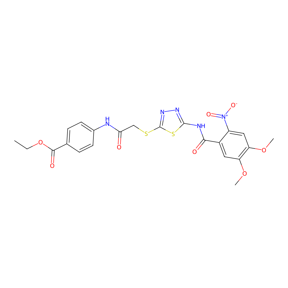 Ethyl 4-(2-((5-(4,5-dimethoxy-2-nitrobenzamido)-1,3,4-thiadiazol-2-yl)thio)acetamido)benzoate molecular structure, CAS 389073-15-8