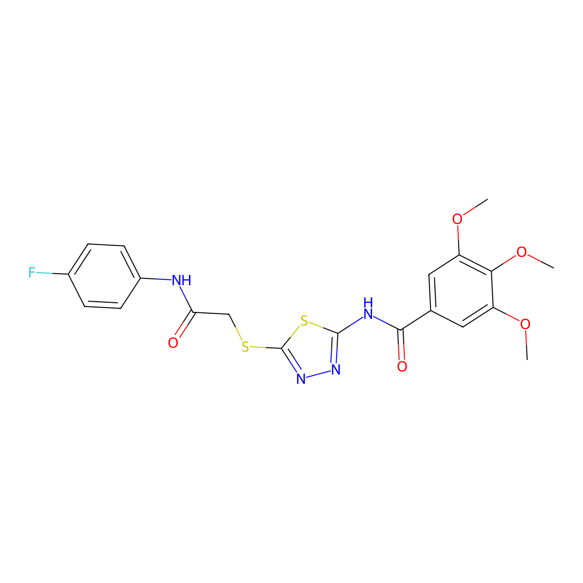 N-(5-((2-((4-fluorophenyl)amino)-2-oxoethyl)thio)-1,3,4-thiadiazol-2-yl)-3,4,5-trimethoxybenzamide molecular structure, CAS 389073-16-9