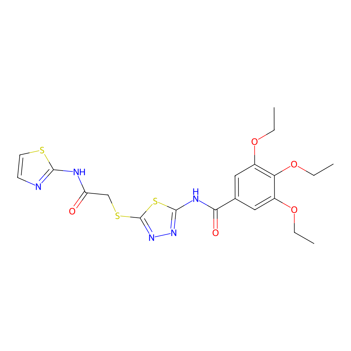 3,4,5-triethoxy-N-(5-((2-oxo-2-(thiazol-2-ylamino)ethyl)thio)-1,3,4-thiadiazol-2-yl)benzamide molecular structure, CAS 389073-18-1