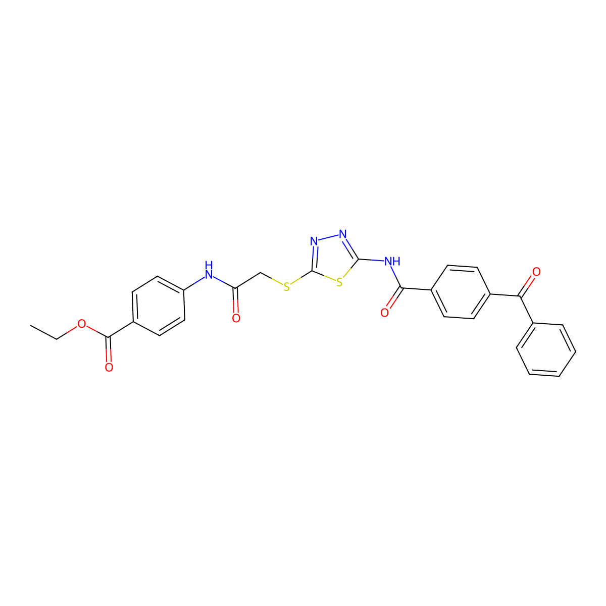 Ethyl 4-[[2-[[5-[(4-benzoylbenzoyl)amino]-1,3,4-thiadiazol-2-yl]sulfanyl]acetyl]amino]benzoate molecular structure, CAS 389073-24-9