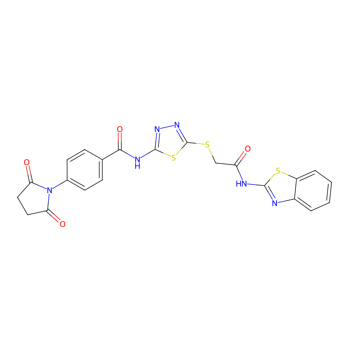 N-(5-((2-(benzo[d]thiazol-2-ylamino)-2-oxoethyl)thio)-1,3,4-thiadiazol-2-yl)-4-(2,5-dioxopyrrolidin-1-yl)benzamide molecular structure, CAS 389073-28-3
