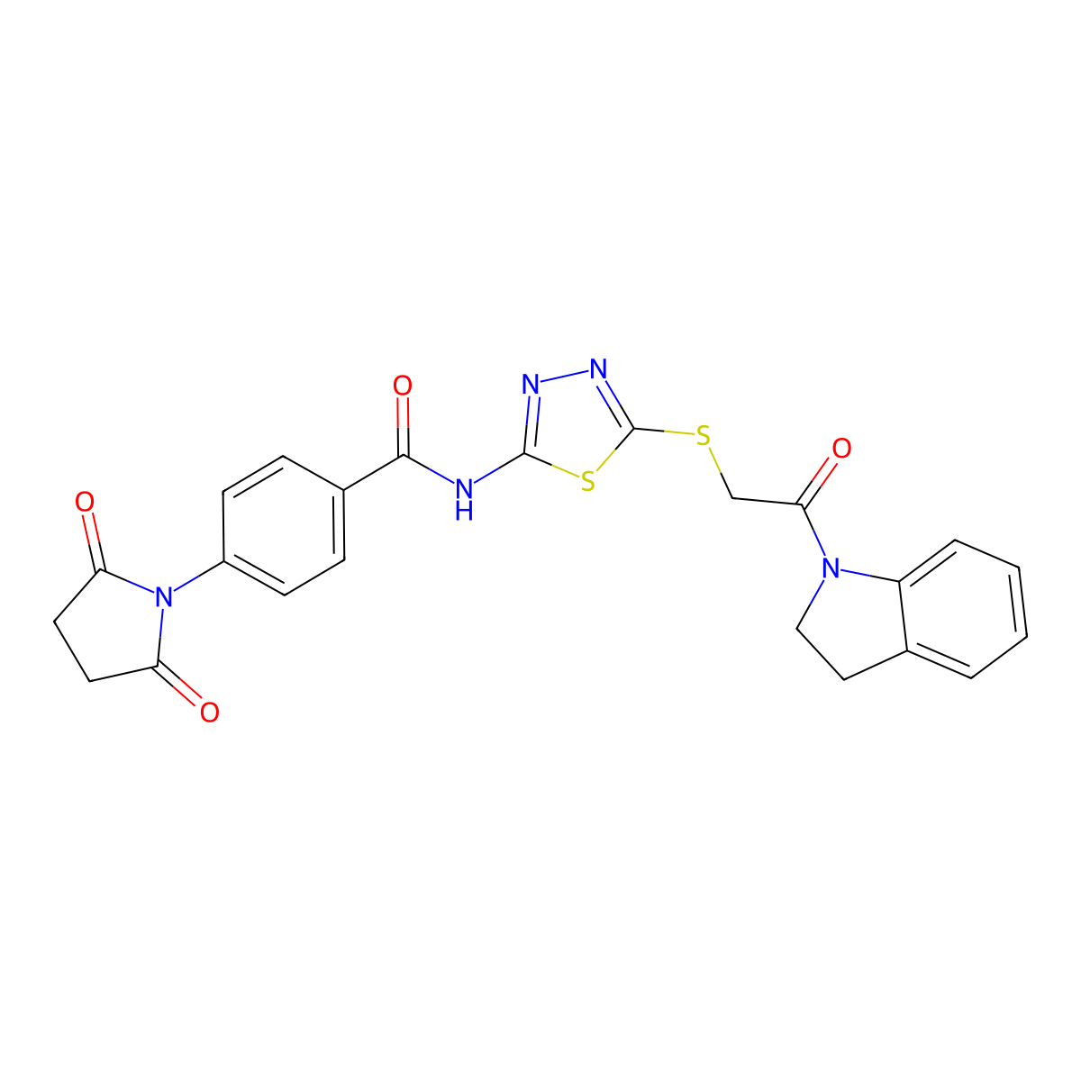 4-(2,5-dioxopyrrolidin-1-yl)-N-(5-((2-(indolin-1-yl)-2-oxoethyl)thio)-1,3,4-thiadiazol-2-yl)benzamide molecular structure, CAS 389073-30-7