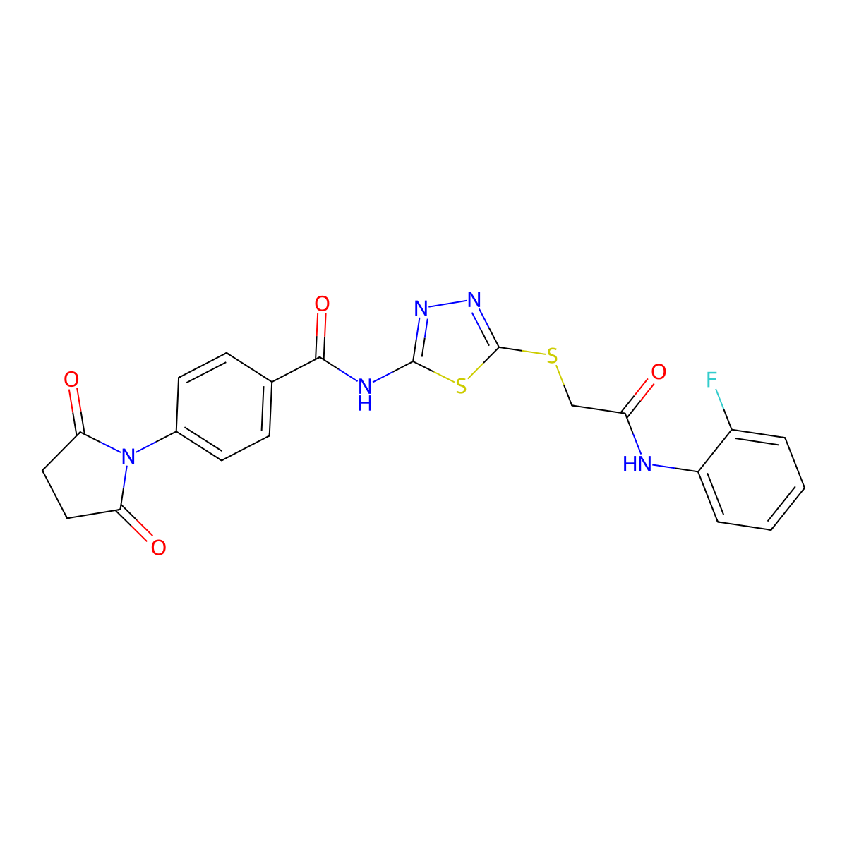 4-(2,5-dioxopyrrolidin-1-yl)-N-(5-((2-((2-fluorophenyl)amino)-2-oxoethyl)thio)-1,3,4-thiadiazol-2-yl)benzamide molecular structure, CAS 389073-32-9