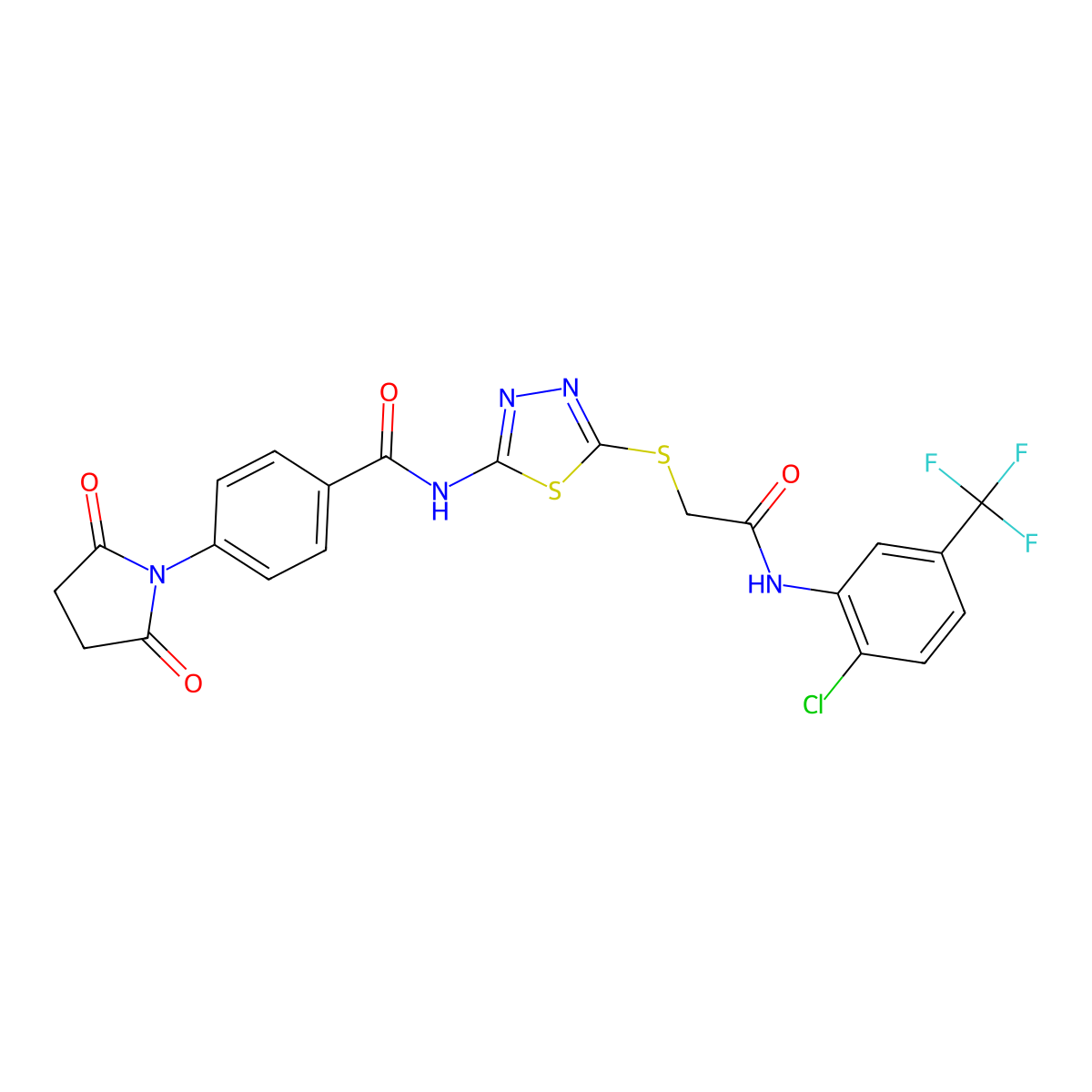 N-[5-[2-[2-chloro-5-(trifluoromethyl)anilino]-2-oxoethyl]sulfanyl-1,3,4-thiadiazol-2-yl]-4-(2,5-dioxopyrrolidin-1-yl)benzamide molecular structure, CAS 389073-33-0