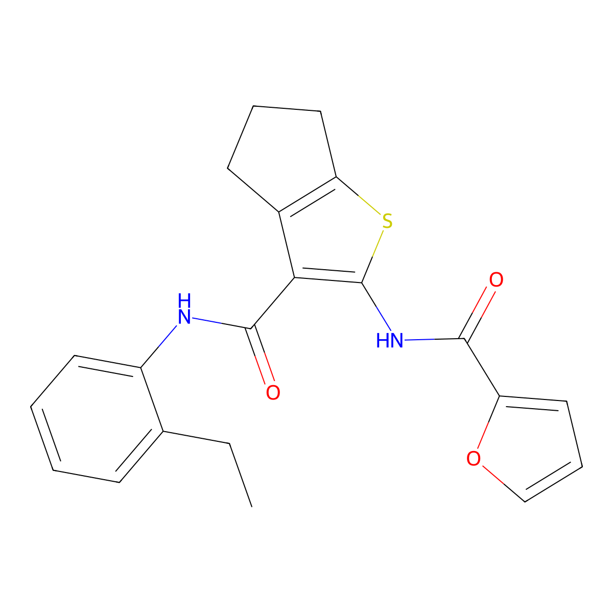 N-[3-[(2-ethylphenyl)carbamoyl]-5,6-dihydro-4H-cyclopenta[b]thiophen-2-yl]furan-2-carboxamide molecular structure, CAS 389073-36-3