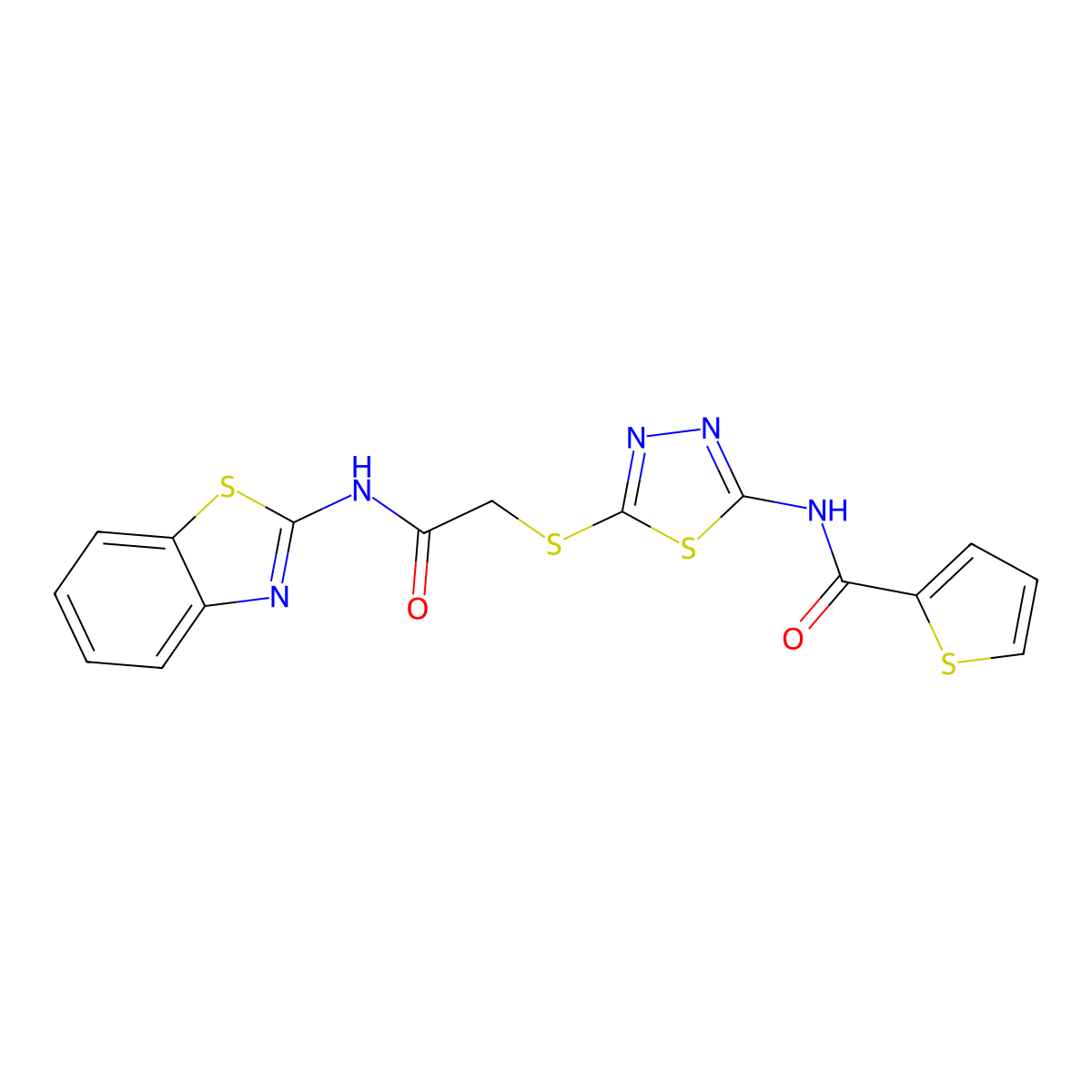 N-(5-((2-(benzo[d]thiazol-2-ylamino)-2-oxoethyl)thio)-1,3,4-thiadiazol-2-yl)thiophene-2-carboxamide molecular structure, CAS 389073-55-6