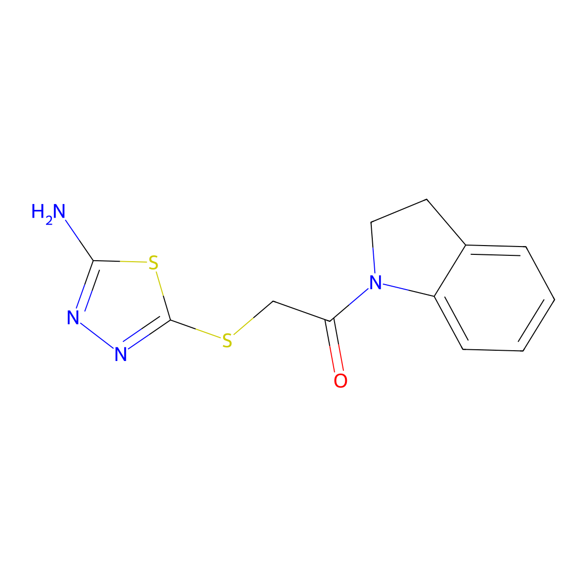 2-((5-Amino-1,3,4-thiadiazol-2-yl)thio)-1-(indolin-1-yl)ethanone molecular structure, CAS 389073-57-8