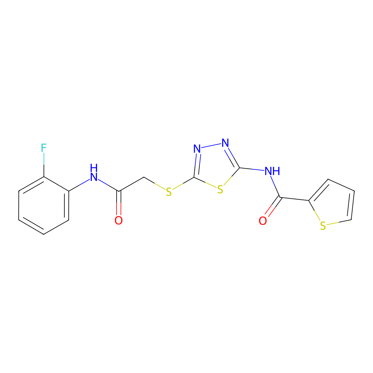 N-(5-((2-((2-fluorophenyl)amino)-2-oxoethyl)thio)-1,3,4-thiadiazol-2-yl)thiophene-2-carboxamide molecular structure, CAS 389073-58-9