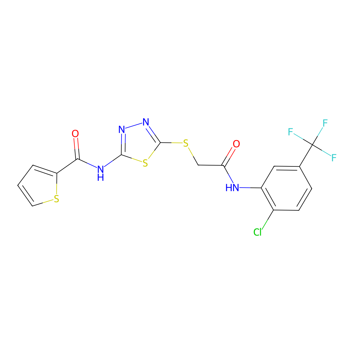 N-(5-((2-((2-chloro-5-(trifluoromethyl)phenyl)amino)-2-oxoethyl)thio)-1,3,4-thiadiazol-2-yl)thiophene-2-carboxamide molecular structure, CAS 389073-59-0