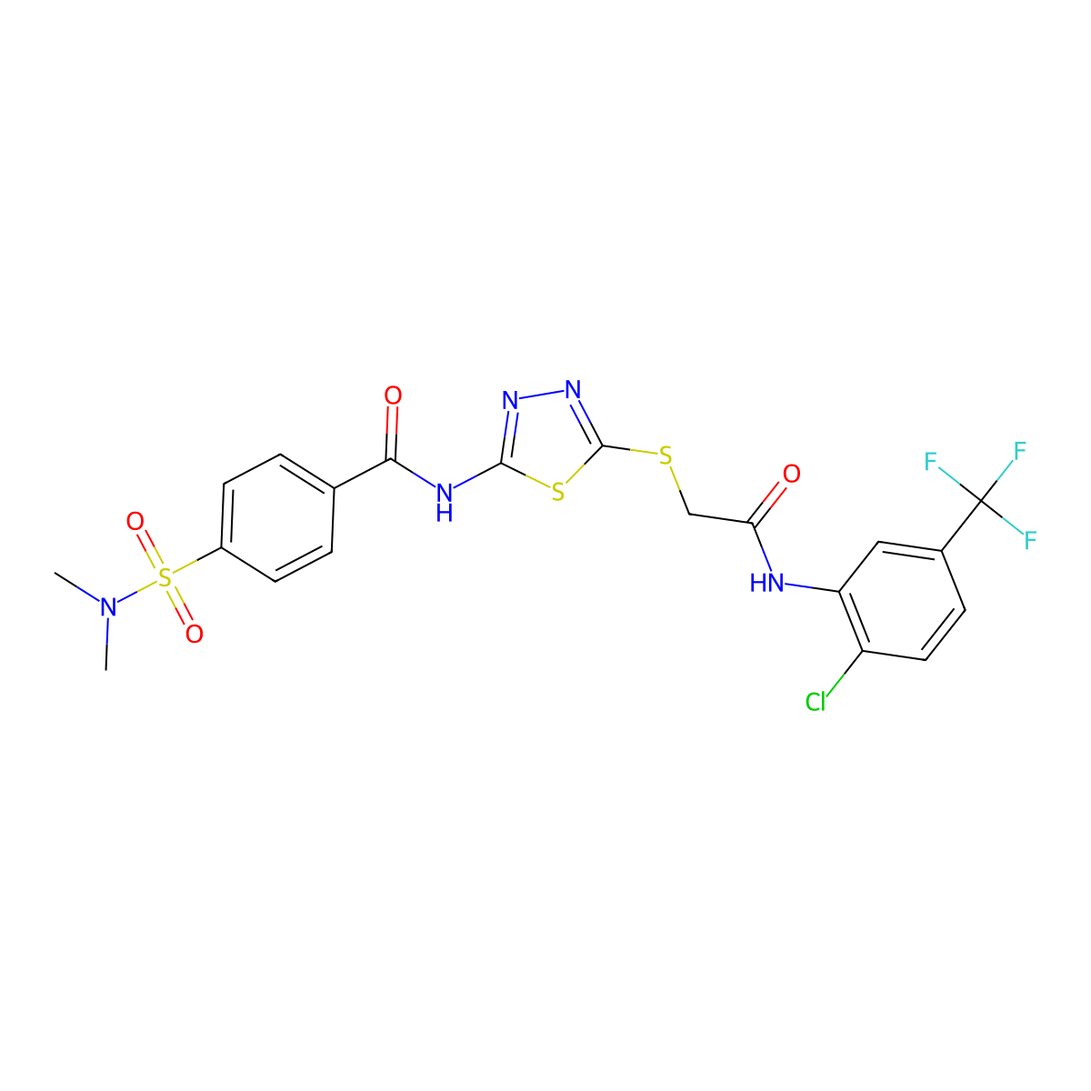 N-[5-[2-[2-chloro-5-(trifluoromethyl)anilino]-2-oxoethyl]sulfanyl-1,3,4-thiadiazol-2-yl]-4-(dimethylsulfamoyl)benzamide molecular structure, CAS 389073-63-6