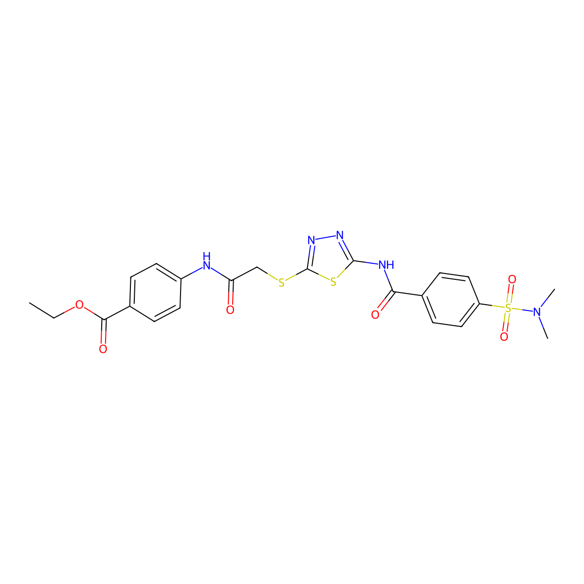 Ethyl 4-[[2-[[5-[[4-(dimethylsulfamoyl)benzoyl]amino]-1,3,4-thiadiazol-2-yl]sulfanyl]acetyl]amino]benzoate molecular structure, CAS 389073-64-7