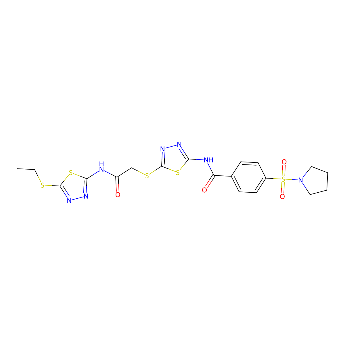 N-(5-((2-((5-(ethylthio)-1,3,4-thiadiazol-2-yl)amino)-2-oxoethyl)thio)-1,3,4-thiadiazol-2-yl)-4-(pyrrolidin-1-ylsulfonyl)benzamide molecular structure, CAS 389073-65-8
