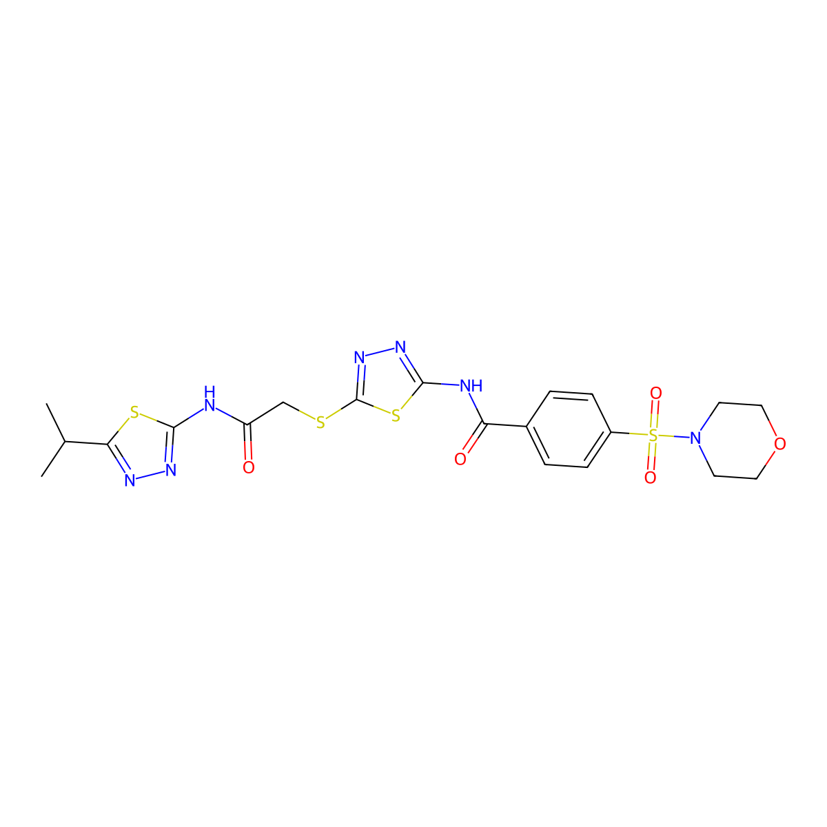 N-(5-((2-((5-isopropyl-1,3,4-thiadiazol-2-yl)amino)-2-oxoethyl)thio)-1,3,4-thiadiazol-2-yl)-4-(morpholinosulfonyl)benzamide molecular structure, CAS 389073-66-9