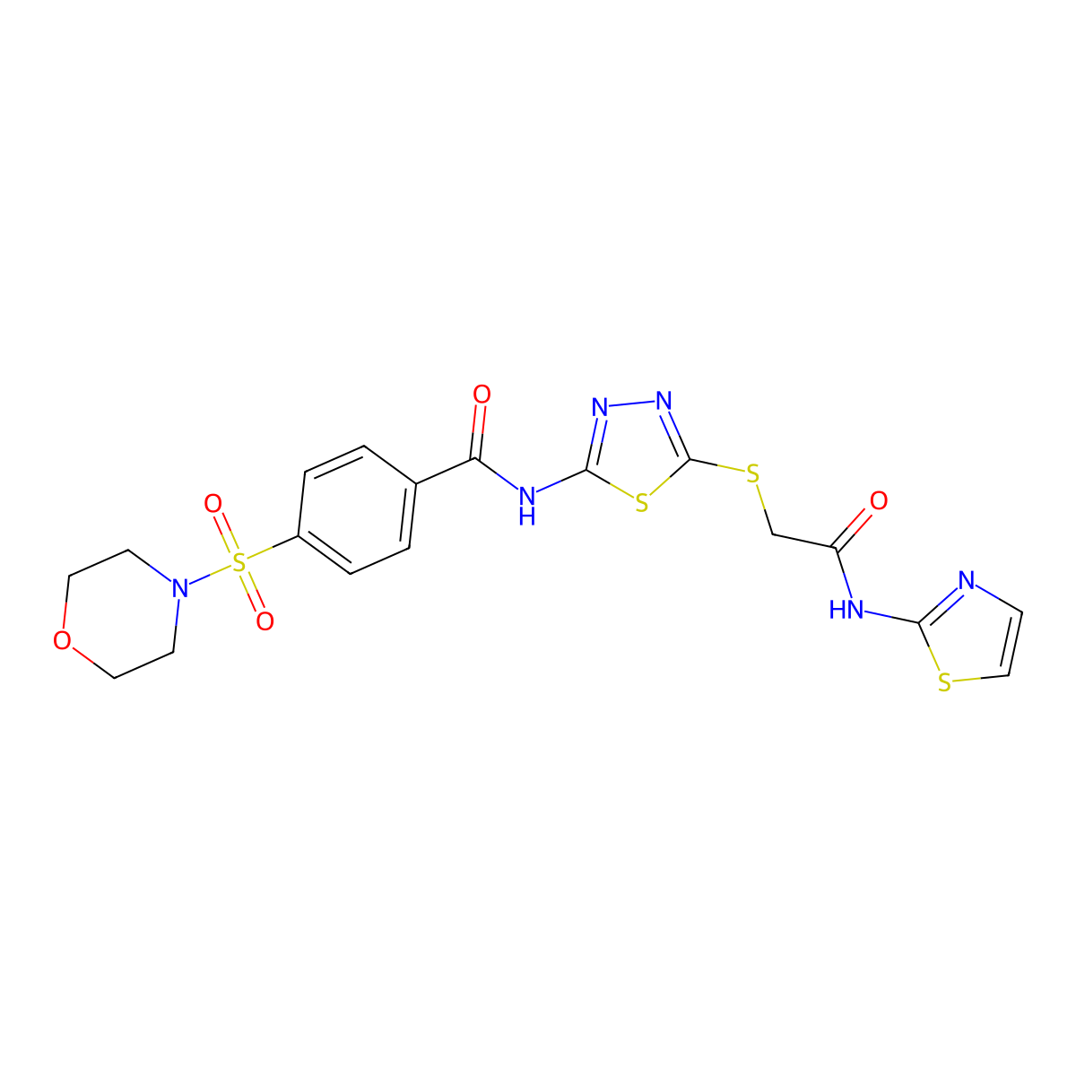 4-(morpholinosulfonyl)-N-(5-((2-oxo-2-(thiazol-2-ylamino)ethyl)thio)-1,3,4-thiadiazol-2-yl)benzamide molecular structure, CAS 389073-68-1