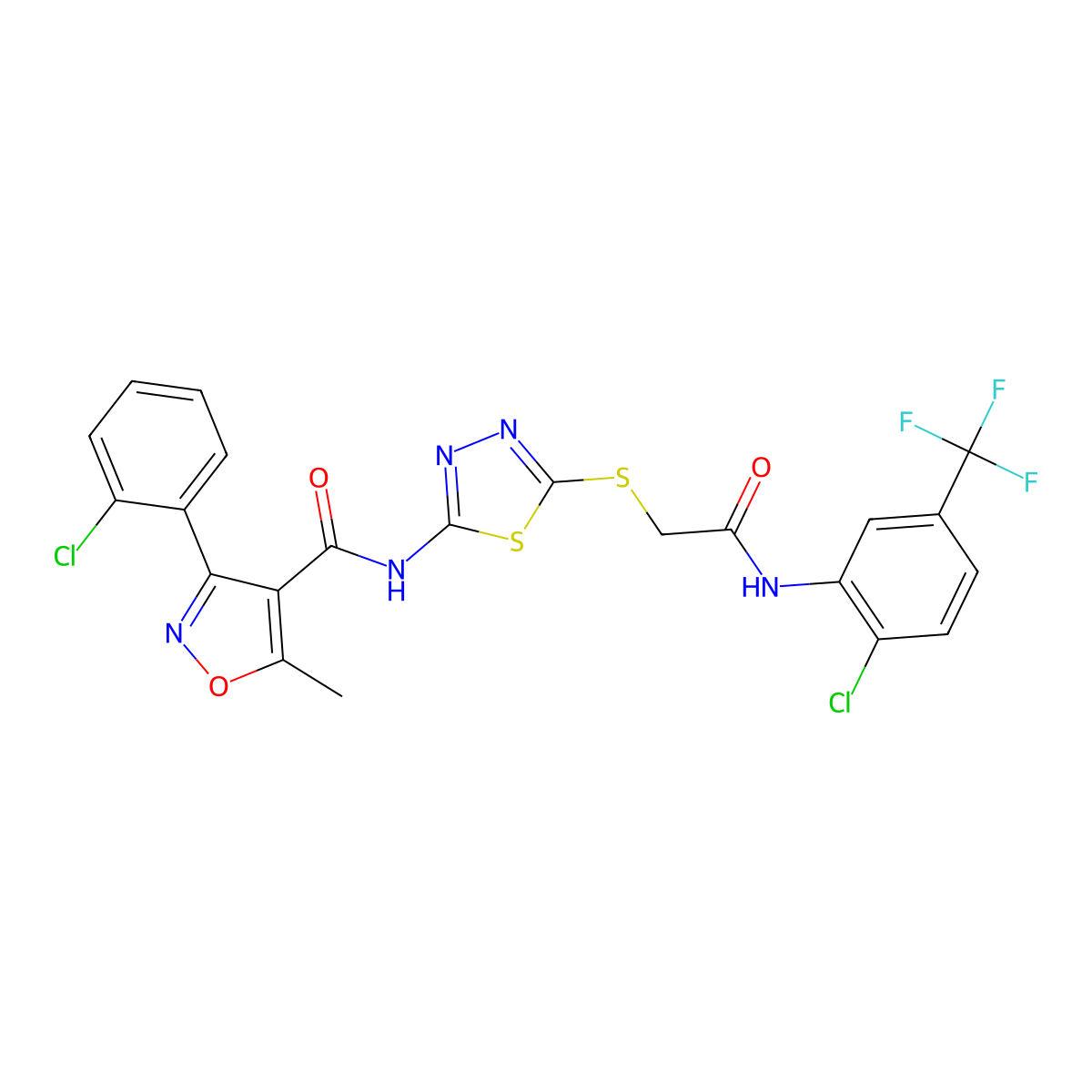 N-(5-((2-((2-chloro-5-(trifluoromethyl)phenyl)amino)-2-oxoethyl)thio)-1,3,4-thiadiazol-2-yl)-3-(2-chlorophenyl)-5-methylisoxazole-4-carboxamide molecular structure, CAS 389073-71-6
