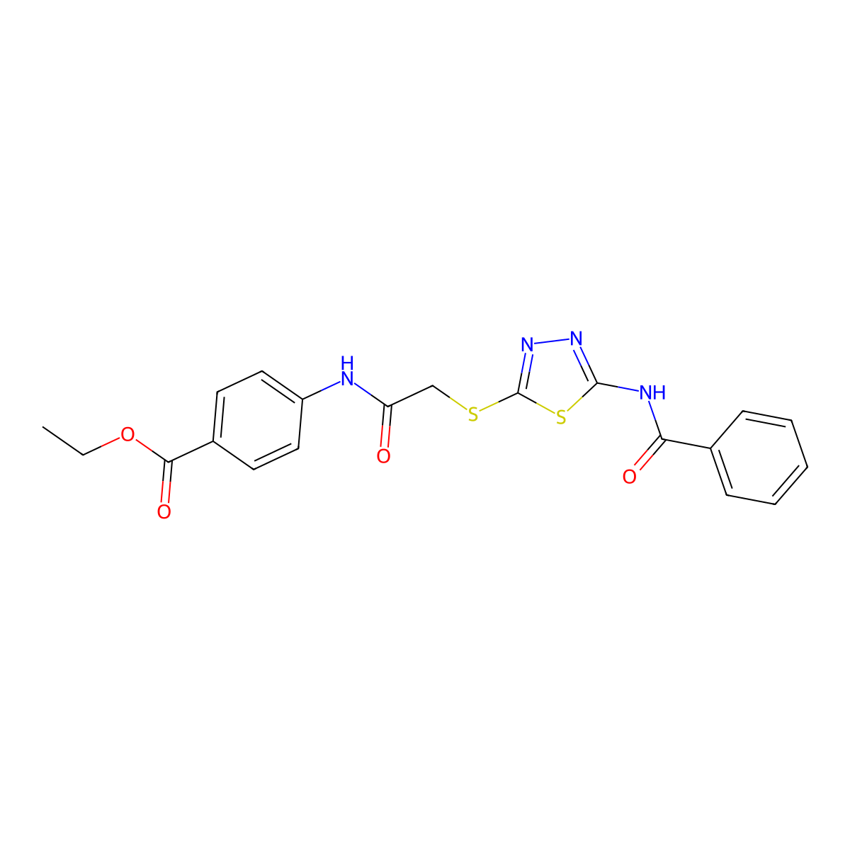 Ethyl 4-(2-((5-benzamido-1,3,4-thiadiazol-2-yl)thio)acetamido)benzoate molecular structure, CAS 389073-78-3
