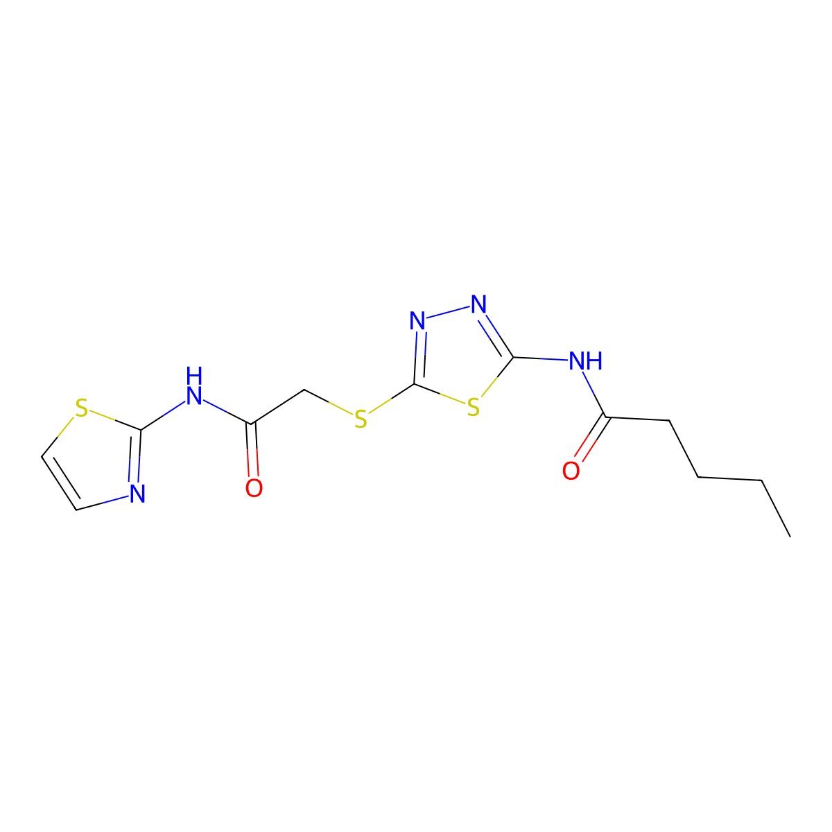N-(5-((2-oxo-2-(thiazol-2-ylamino)ethyl)thio)-1,3,4-thiadiazol-2-yl)pentanamide molecular structure, CAS 389073-85-2