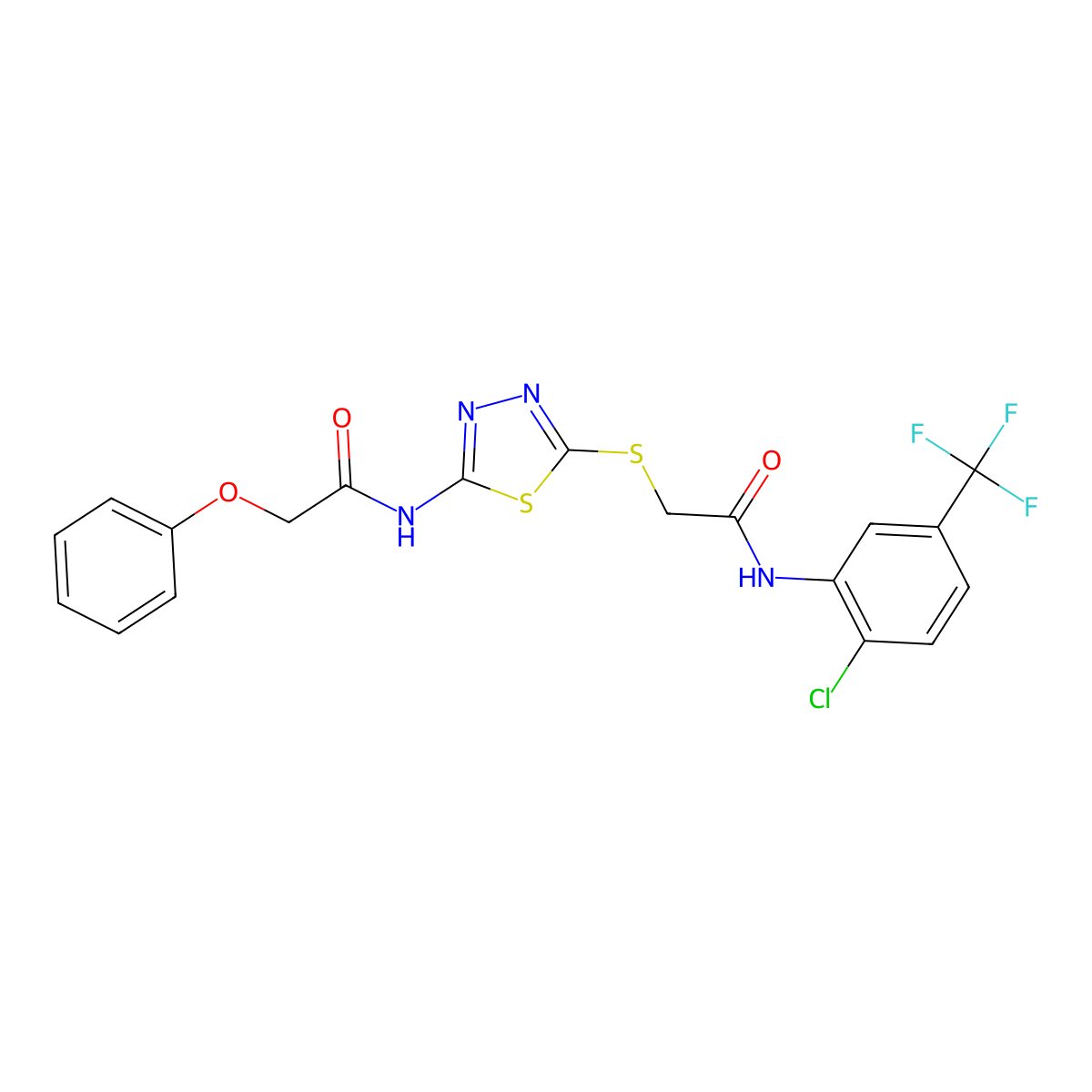 N-(2-chloro-5-(trifluoromethyl)phenyl)-2-((5-(2-phenoxyacetamido)-1,3,4-thiadiazol-2-yl)thio)acetamide molecular structure, CAS 389073-90-9