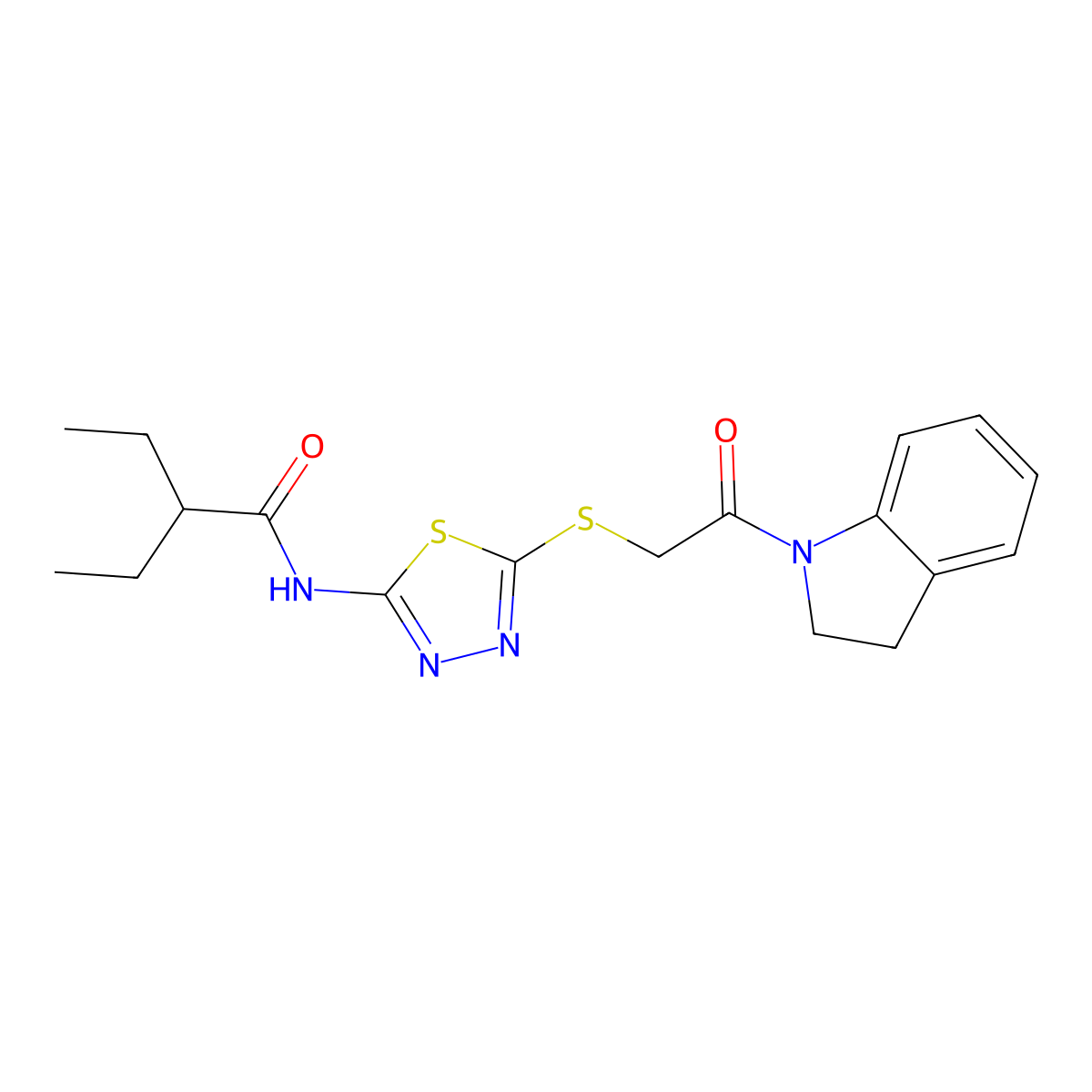 2-ethyl-N-(5-((2-(indolin-1-yl)-2-oxoethyl)thio)-1,3,4-thiadiazol-2-yl)butanamide molecular structure, CAS 389073-97-6