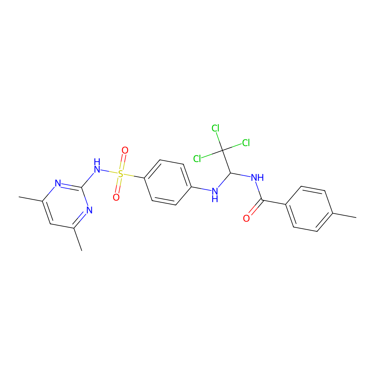 4-methyl-N-[2,2,2-trichloro-1-({4-[(4,6-dimethylpyrimidin-2-yl)sulfamoyl]phenyl}amino)ethyl]benzamide molecular structure, CAS 389074-01-5