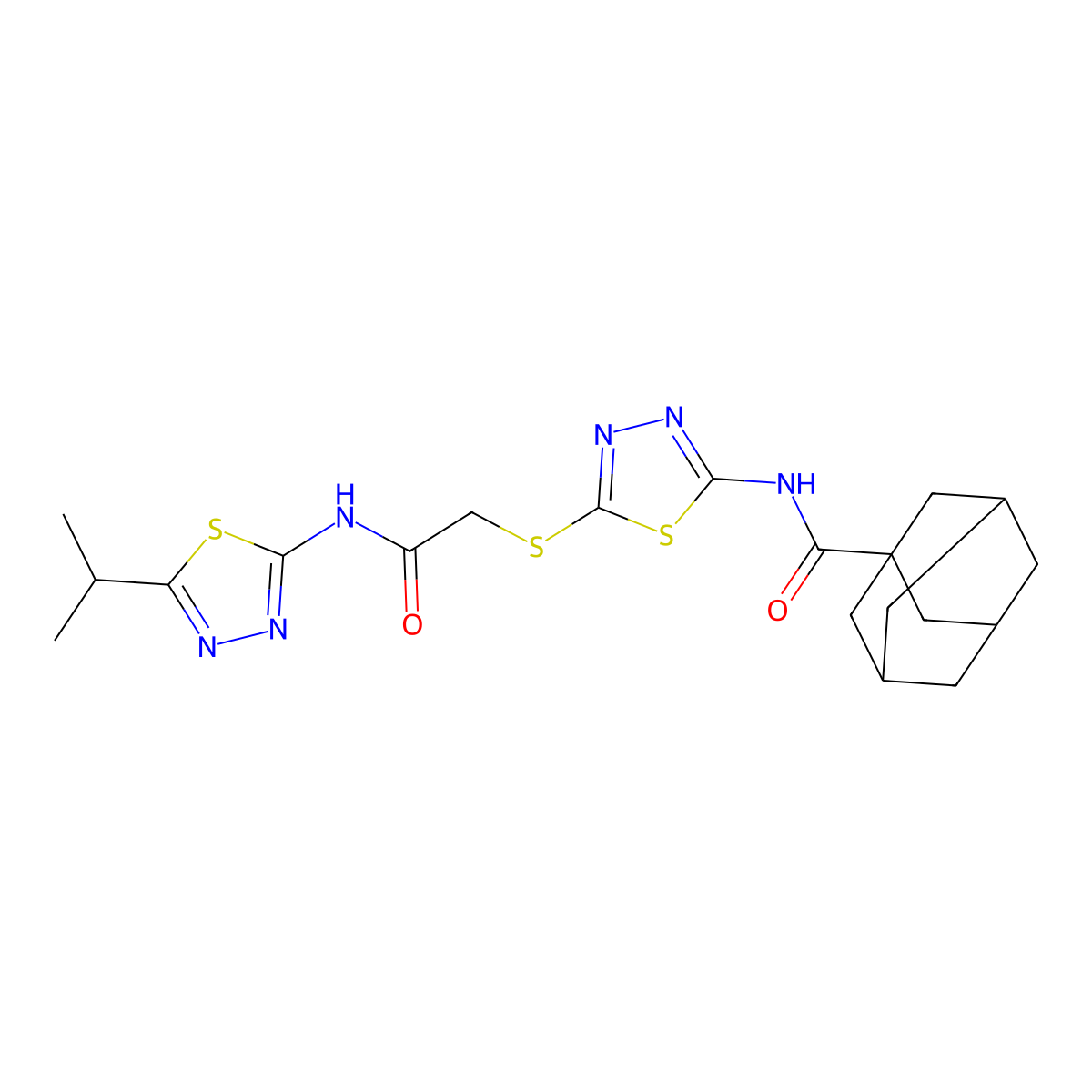 N-[5-[2-oxo-2-[(5-propan-2-yl-1,3,4-thiadiazol-2-yl)amino]ethyl]sulfanyl-1,3,4-thiadiazol-2-yl]adamantane-1-carboxamide molecular structure, CAS 389074-03-7