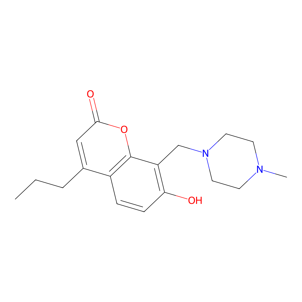7-Hydroxy-8-[(4-methylpiperazin-1-yl)methyl]-4-propylchromen-2-one molecular structure, CAS 389077-21-8