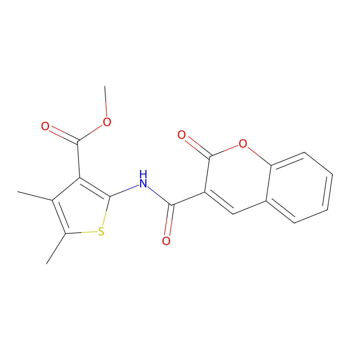 Methyl 4,5-dimethyl-2-[(2-oxochromene-3-carbonyl)amino]thiophene-3-carboxylate molecular structure, CAS 389080-06-2