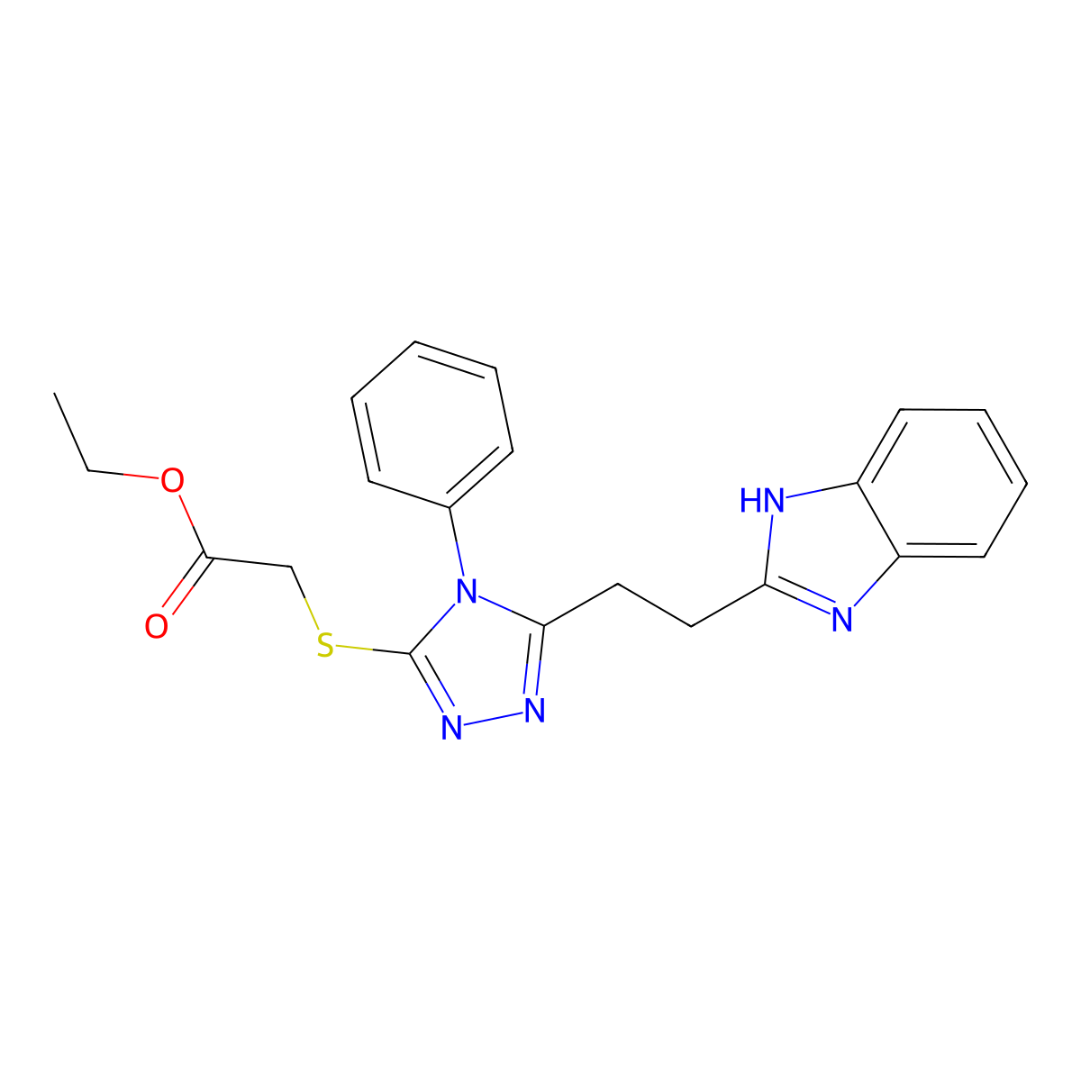 Acetic acid, ((5-(2-(1H-benzimidazol-2-yl)ethyl)-4-phenyl-4H-1,2,4-triazol-3-yl)thio)-, ethyl ester molecular structure, CAS 38911-89-6