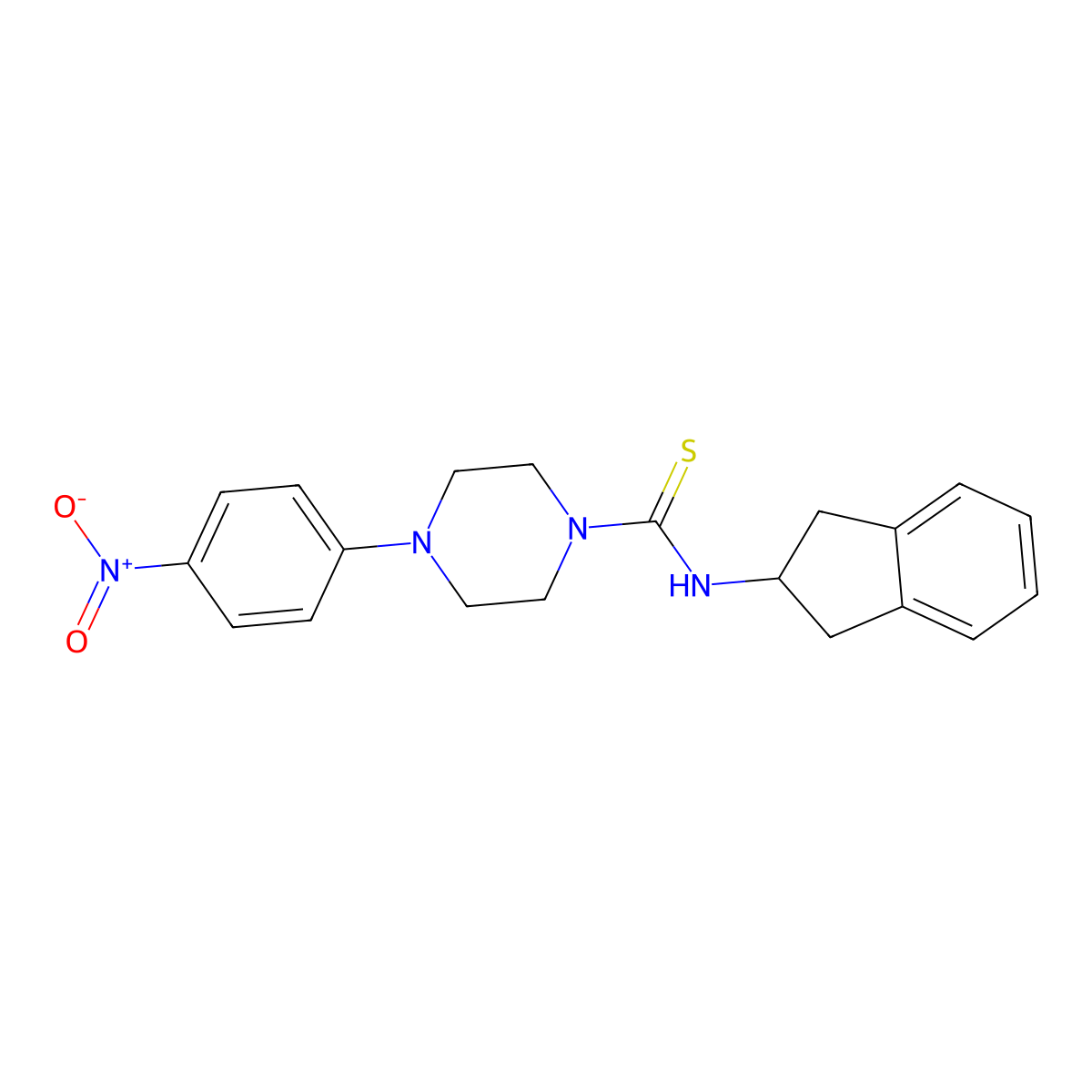 N-(2,3-dihydro-1H-inden-2-yl)-4-(4-nitrophenyl)piperazine-1-carbothioamide molecular structure, CAS 389127-20-2