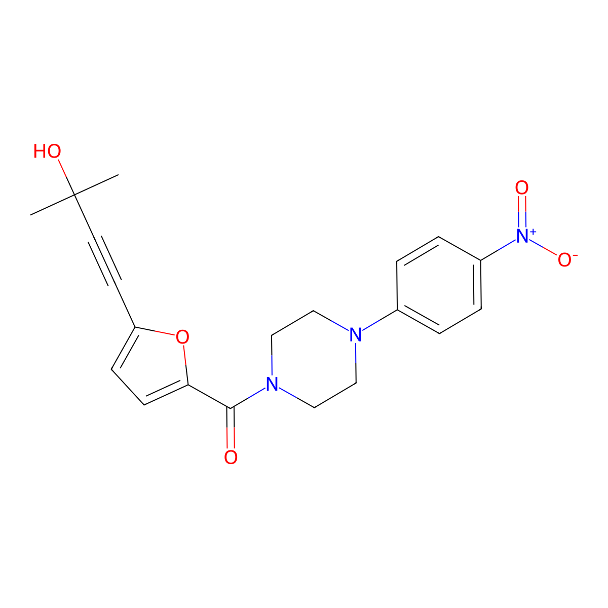 [5-(3-Hydroxy-3-methylbut-1-ynyl)furan-2-yl]-[4-(4-nitrophenyl)piperazin-1-yl]methanone molecular structure, CAS 389137-99-9