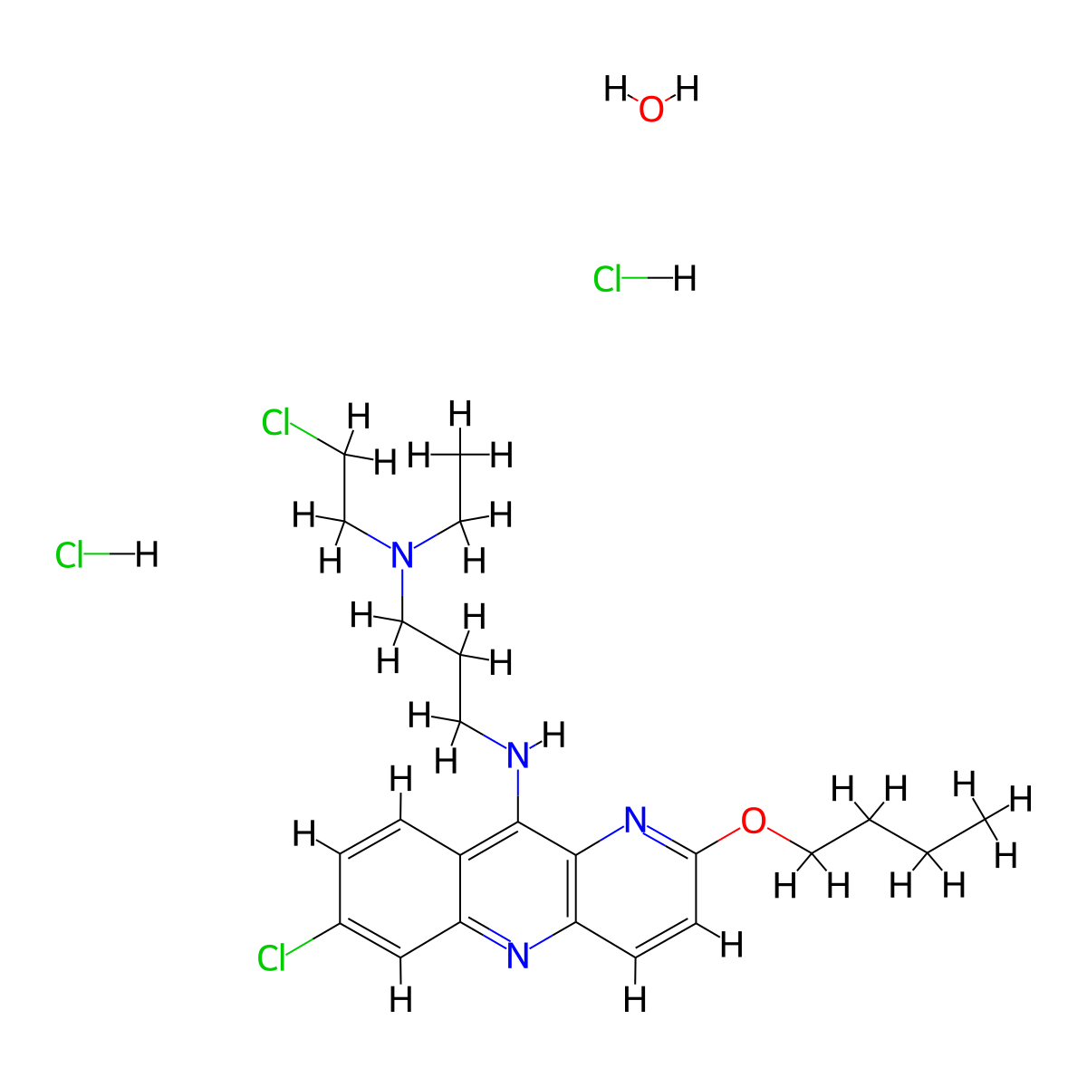 1,3-Propanediamine, N-(2-butoxy-7-chlorobenzo(b)-1,5-naphthyridin-10-yl)-N'-(2-chloroethyl)-N'-ethyl-, dihydrochloride, hydrate molecular structure, CAS 38915-40-1