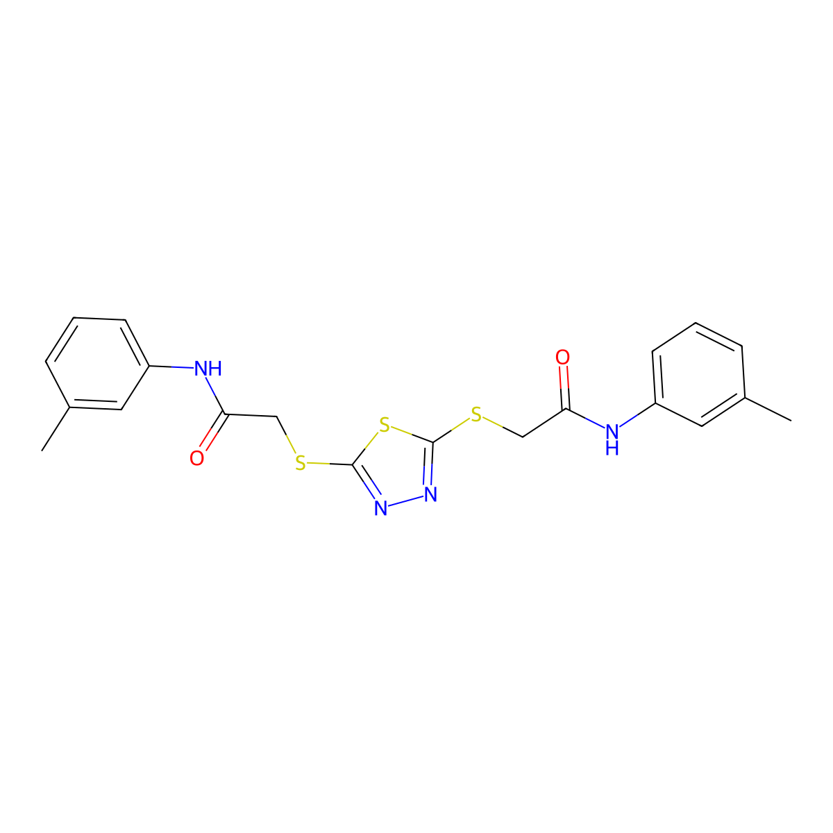 2-[[5-[2-(3-methylanilino)-2-oxoethyl]sulfanyl-1,3,4-thiadiazol-2-yl]sulfanyl]-N-(3-methylphenyl)acetamide molecular structure, CAS 389614-13-5