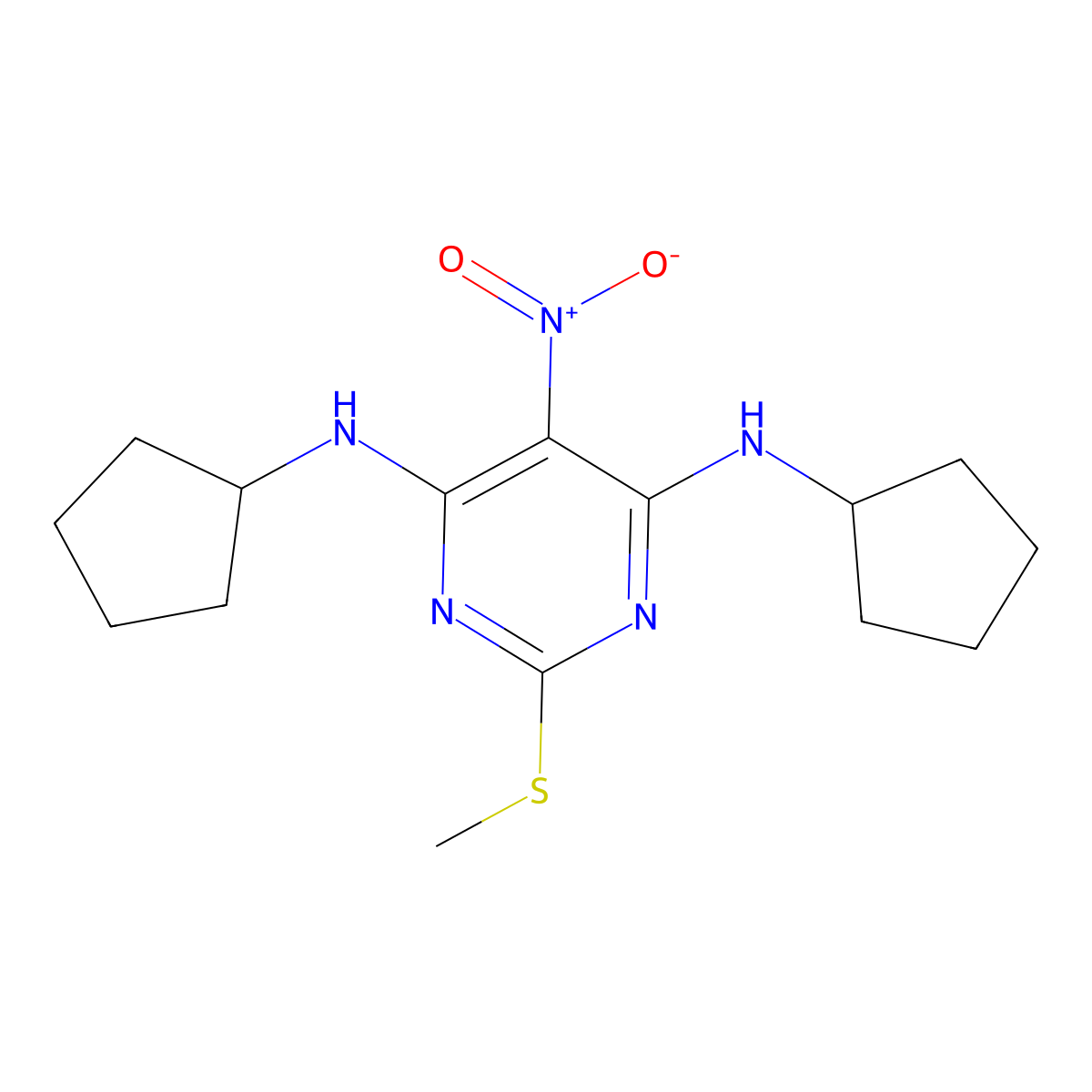 N,N'-dicyclopentyl-2-methylsulfanyl-5-nitro-pyrimidine-4,6-diamine molecular structure, CAS 39069-52-8