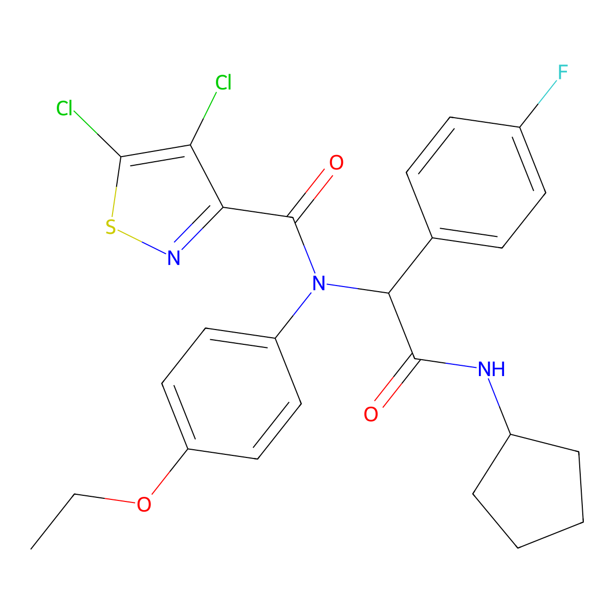 4,5-dichloro-N-[2-(cyclopentylamino)-1-(4-fluorophenyl)-2-oxoethyl]-N-(4-ethoxyphenyl)-1,2-thiazole-3-carboxamide molecular structure, CAS 3907-03-7