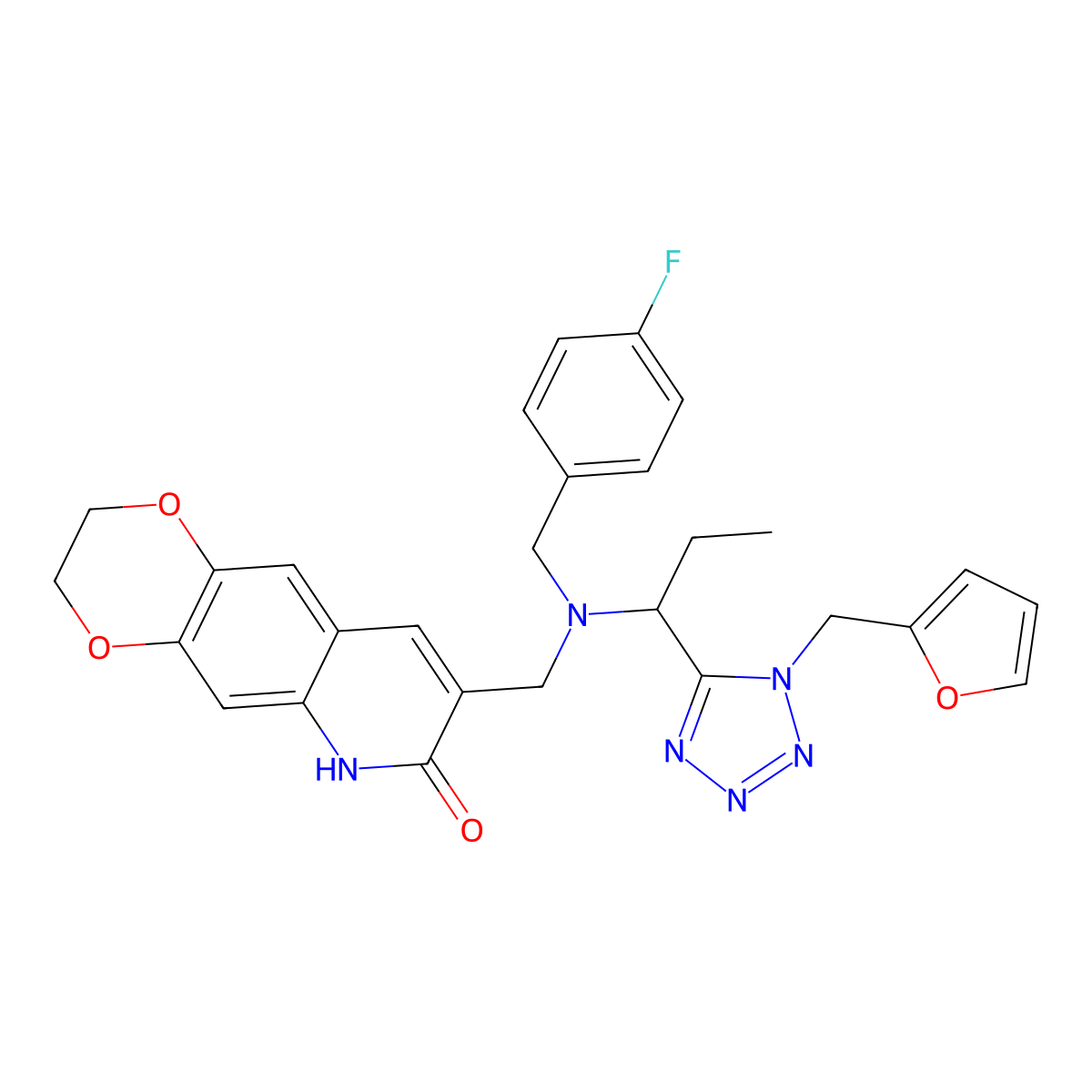 8-[[(4-fluorophenyl)methyl-[1-[1-(furan-2-ylmethyl)tetrazol-5-yl]propyl]amino]methyl]-3,6-dihydro-2H-[1,4]dioxino[2,3-g]quinolin-7-one molecular structure, CAS 3910-78-9