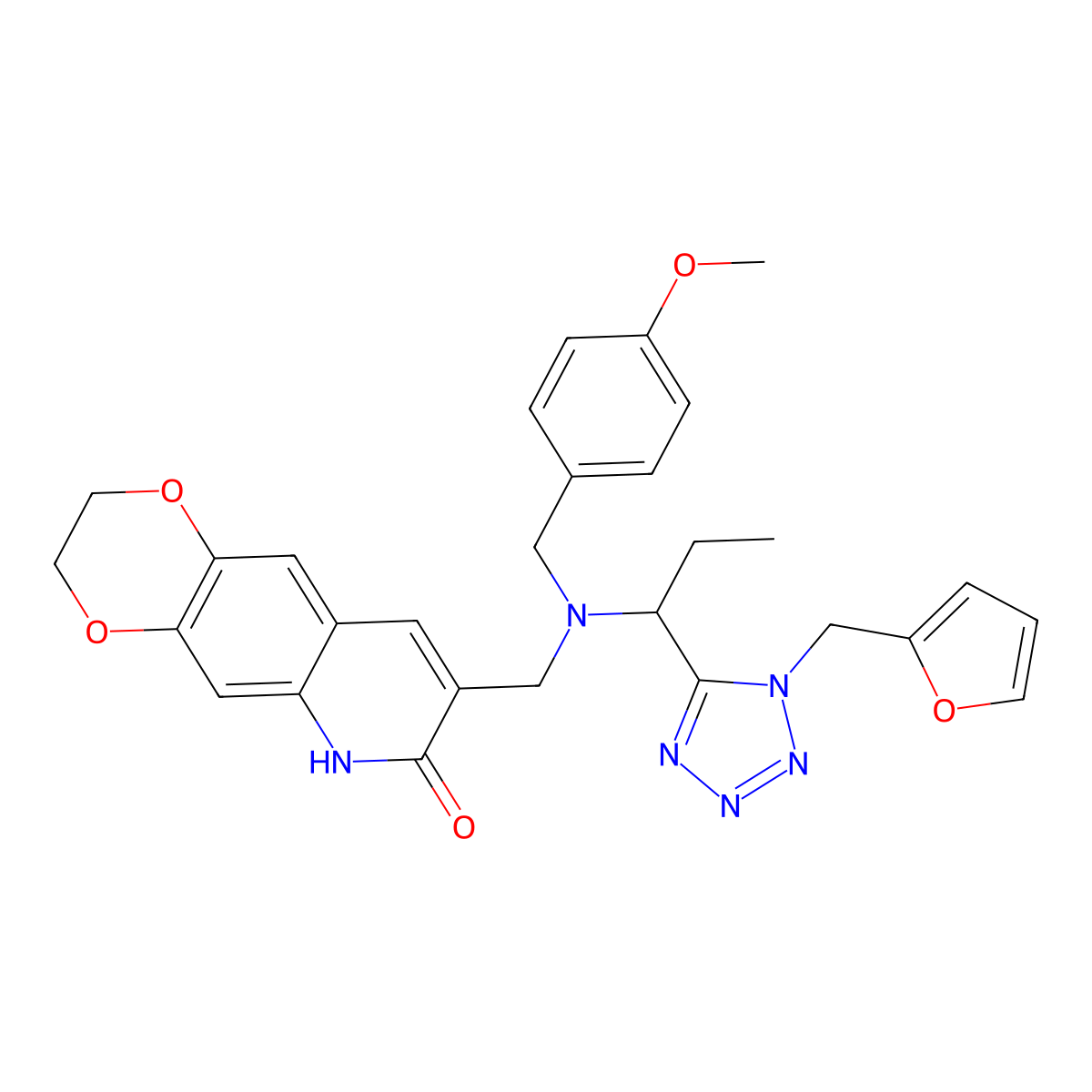 8-[[1-[1-(furan-2-ylmethyl)tetrazol-5-yl]propyl-[(4-methoxyphenyl)methyl]amino]methyl]-3,6-dihydro-2H-[1,4]dioxino[2,3-g]quinolin-7-one molecular structure, CAS 3910-79-0