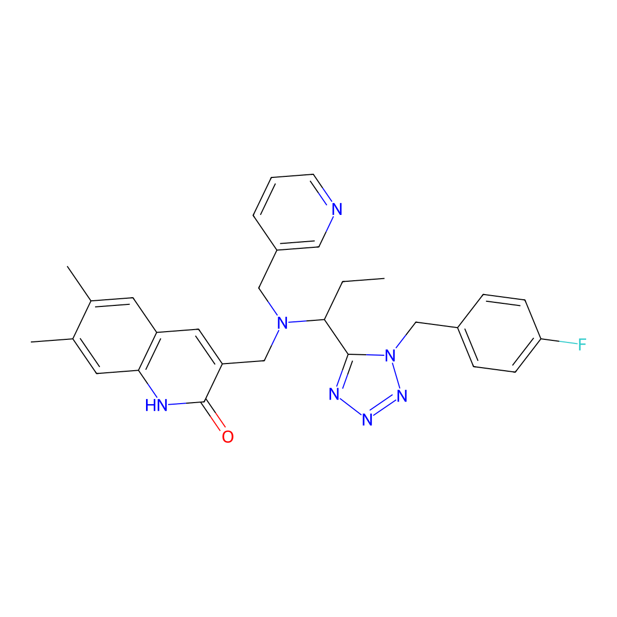 3-[[1-[1-[(4-fluorophenyl)methyl]tetrazol-5-yl]propyl-(pyridin-3-ylmethyl)amino]methyl]-6,7-dimethyl-1H-quinolin-2-one molecular structure, CAS 3910-94-9